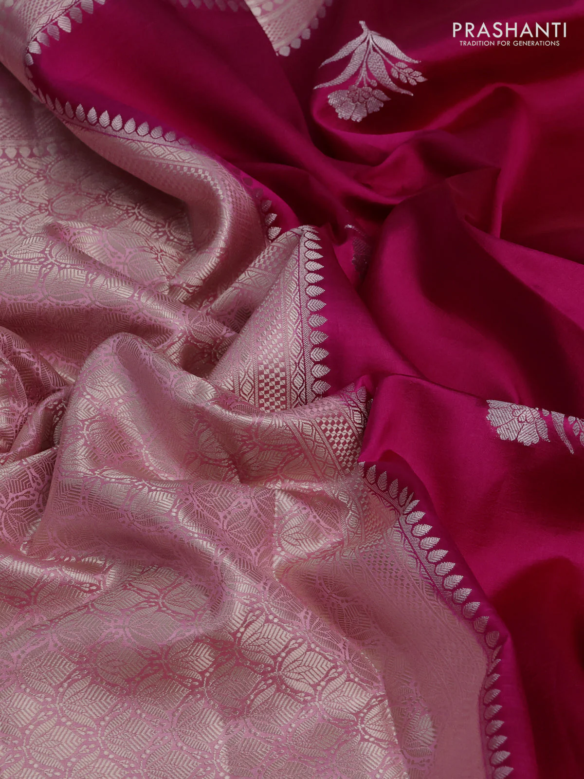 Banarasi poona silk saree dark pink and light pink with zari woven floral buttas and zari woven border - Image 3