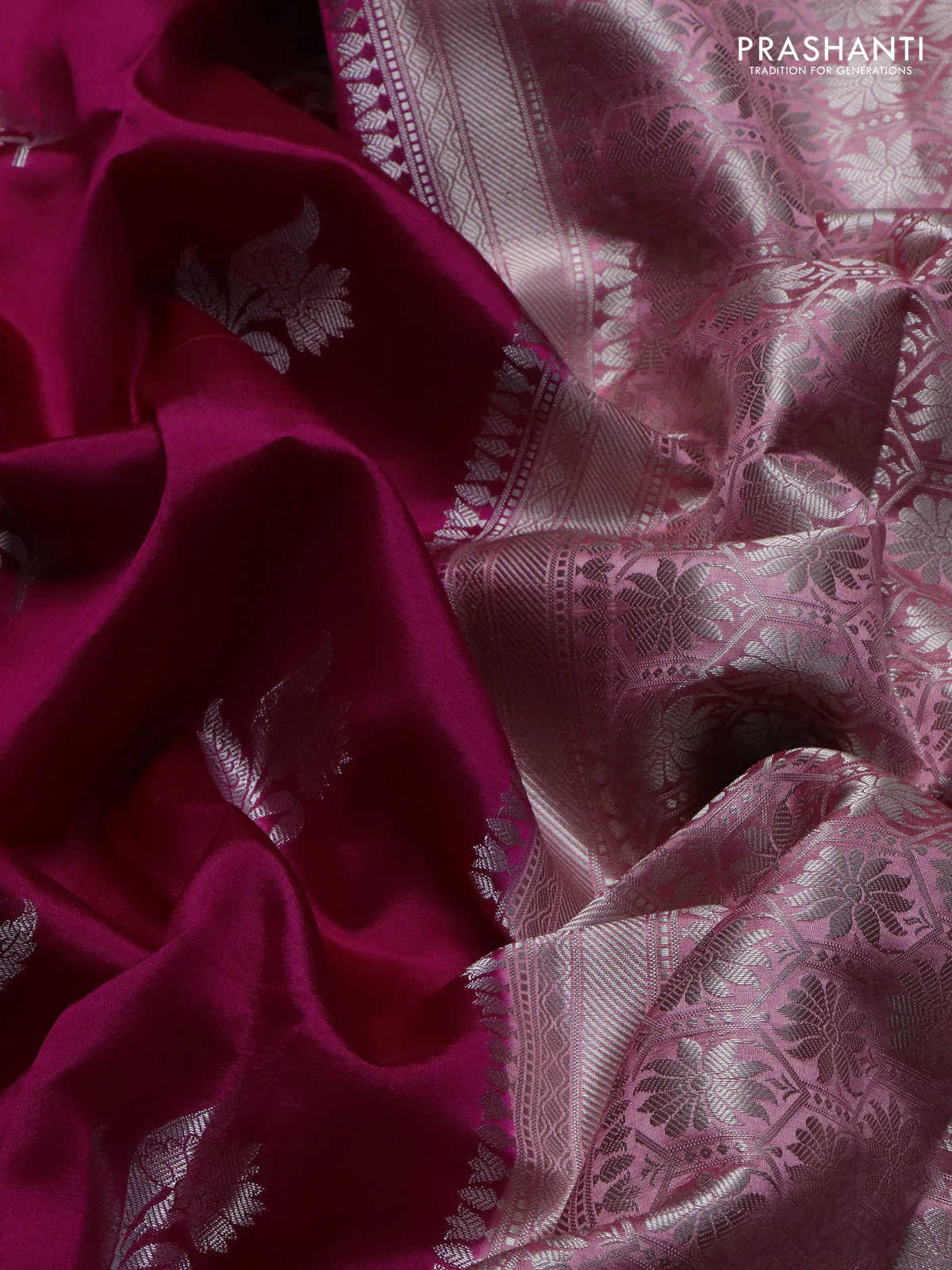 Banarasi poona silk saree dark pink and peach pink with zari woven floral buttas and zari woven border - Image 3