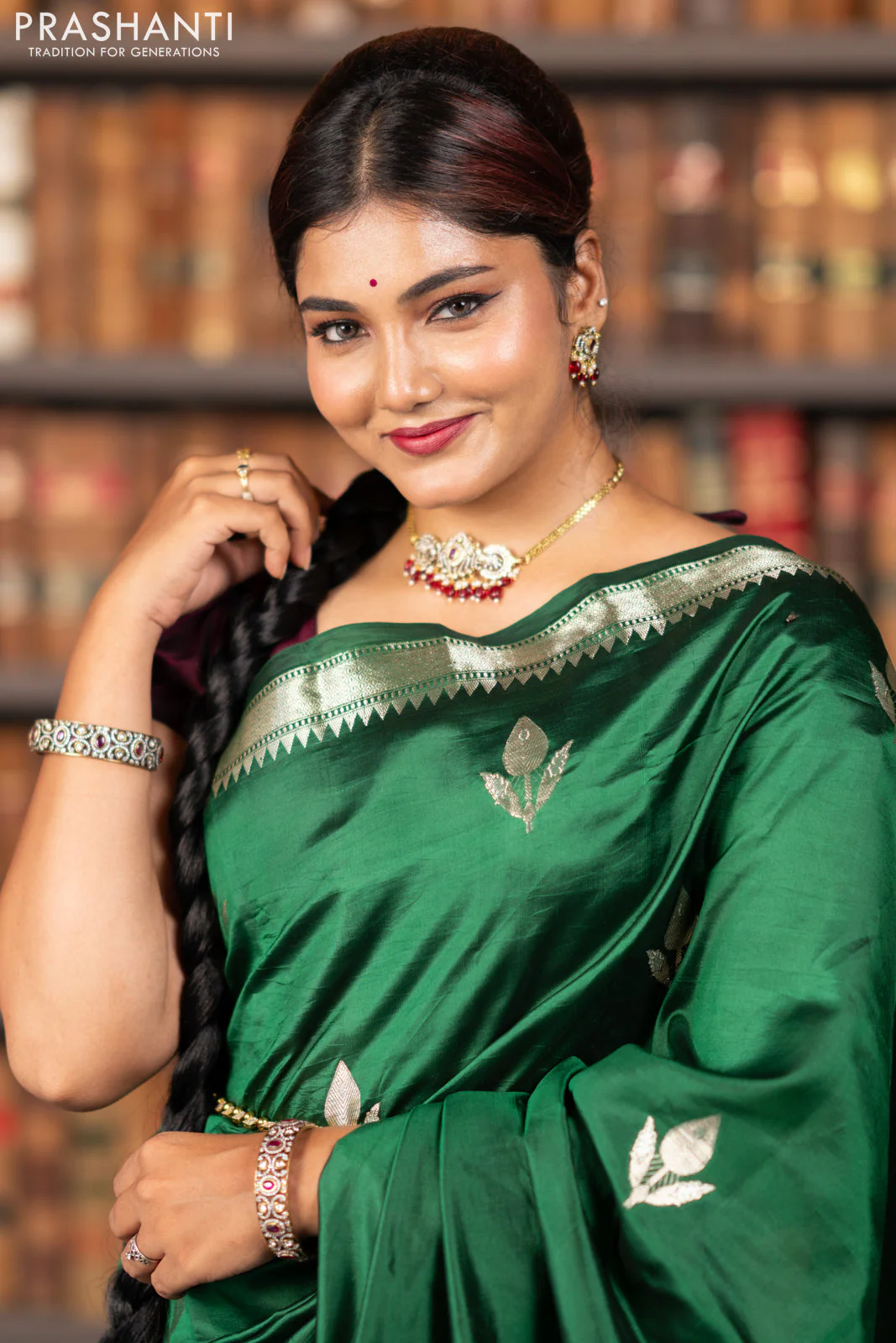 Banarasi poona silk saree green with silver zari woven buttas and silver zari woven border - Image 10