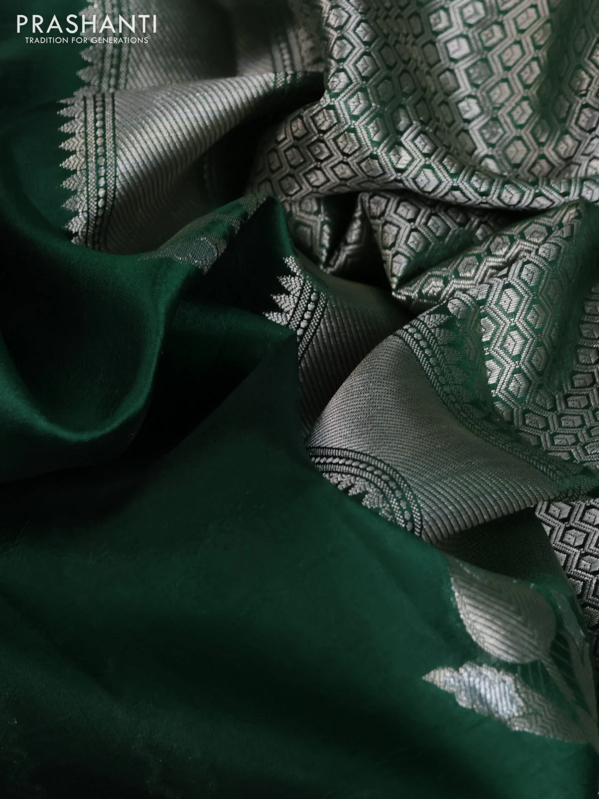 Banarasi poona silk saree green with silver zari woven buttas and silver zari woven border - Image 13