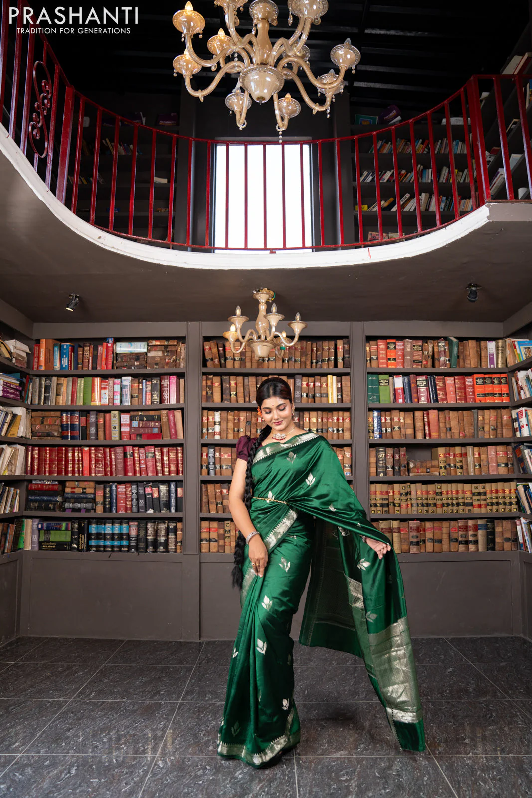 Banarasi poona silk saree green with silver zari woven buttas and silver zari woven border - Image 3