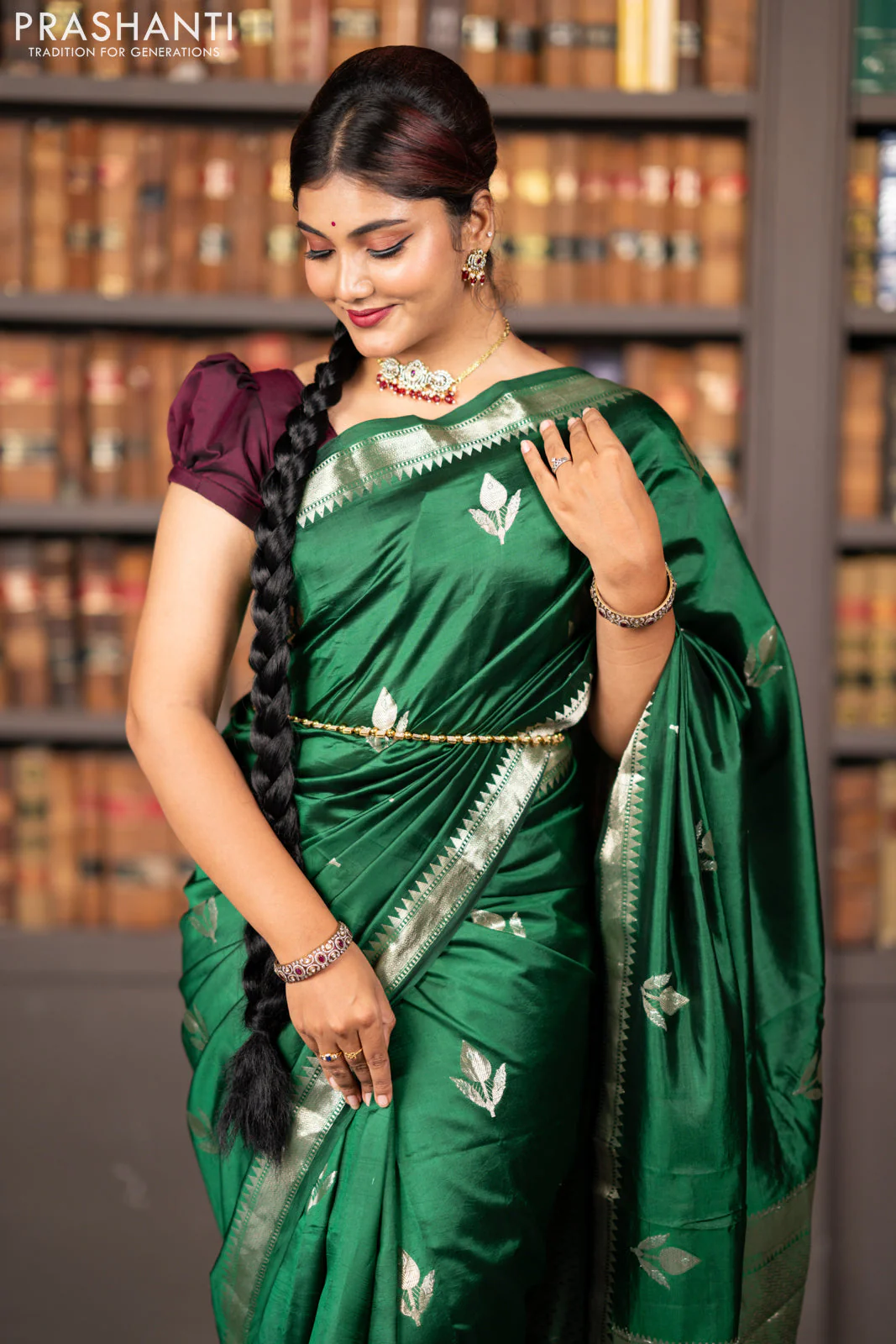 Banarasi poona silk saree green with silver zari woven buttas and silver zari woven border - Image 4