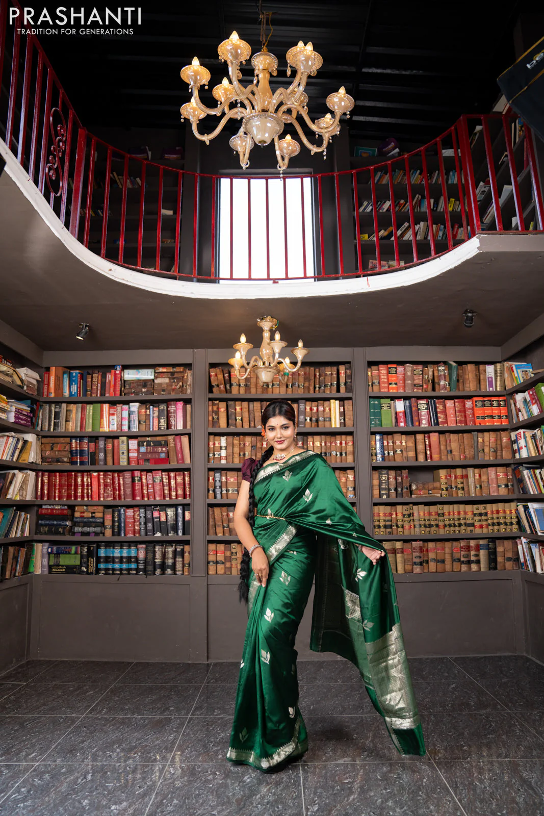 Banarasi poona silk saree green with silver zari woven buttas and silver zari woven border - Image 5