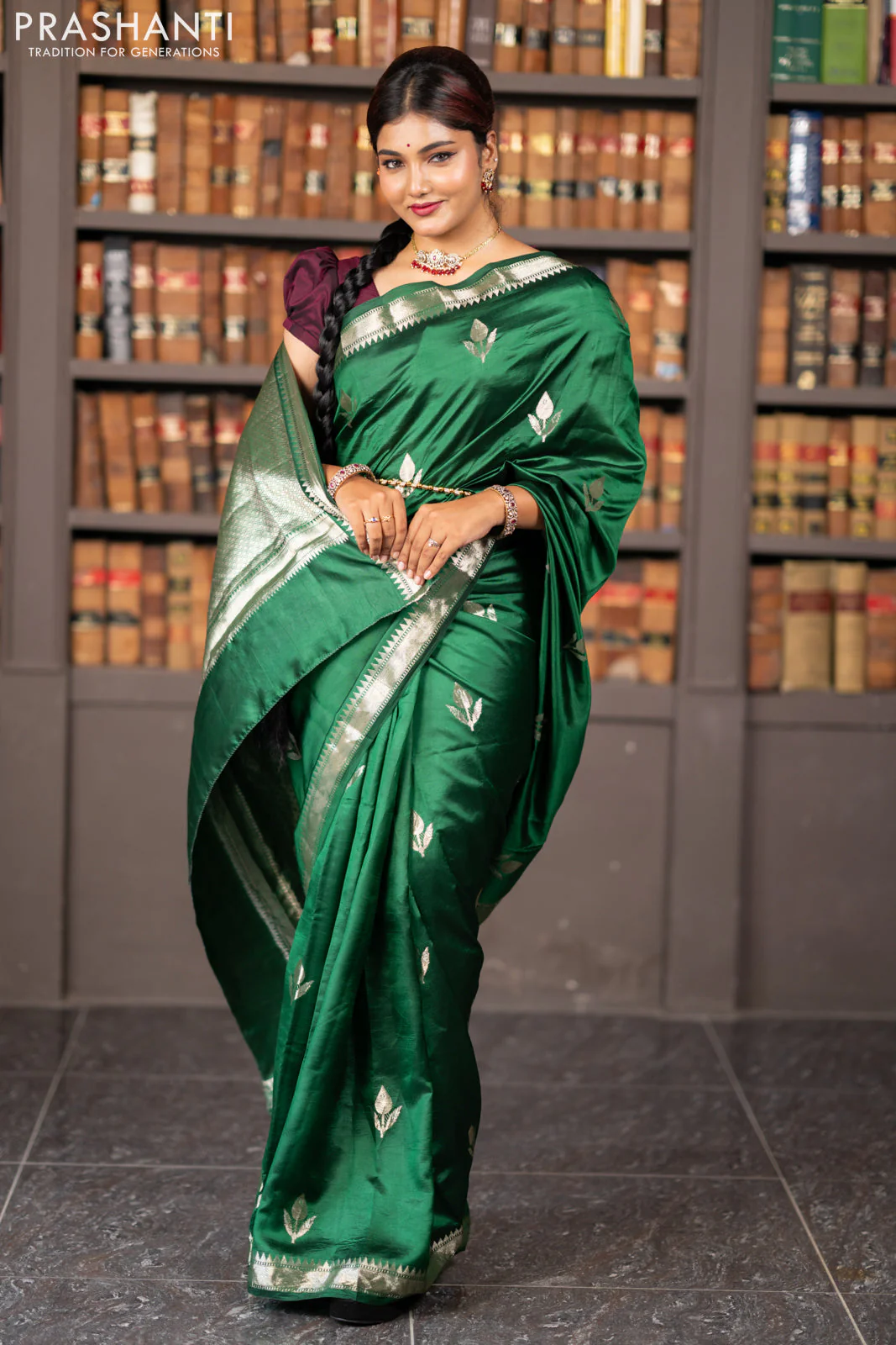 Banarasi poona silk saree green with silver zari woven buttas and silver zari woven border - Image 6