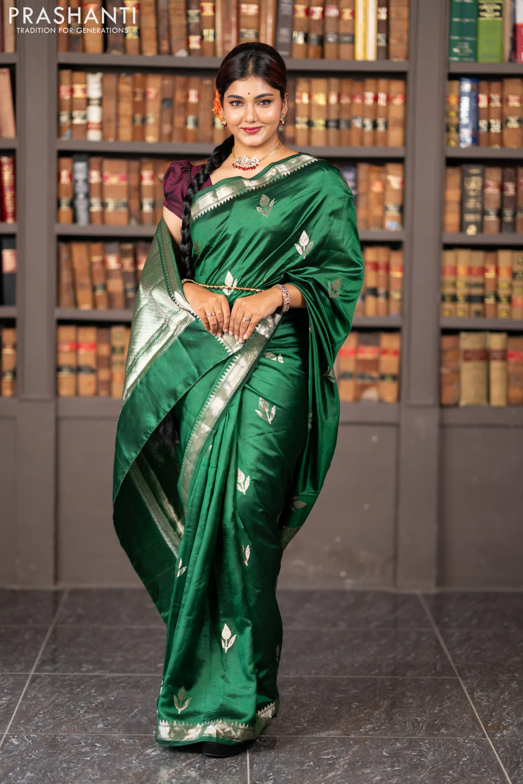 Banarasi poona silk saree green with silver zari woven buttas and silver zari woven border - Image 7