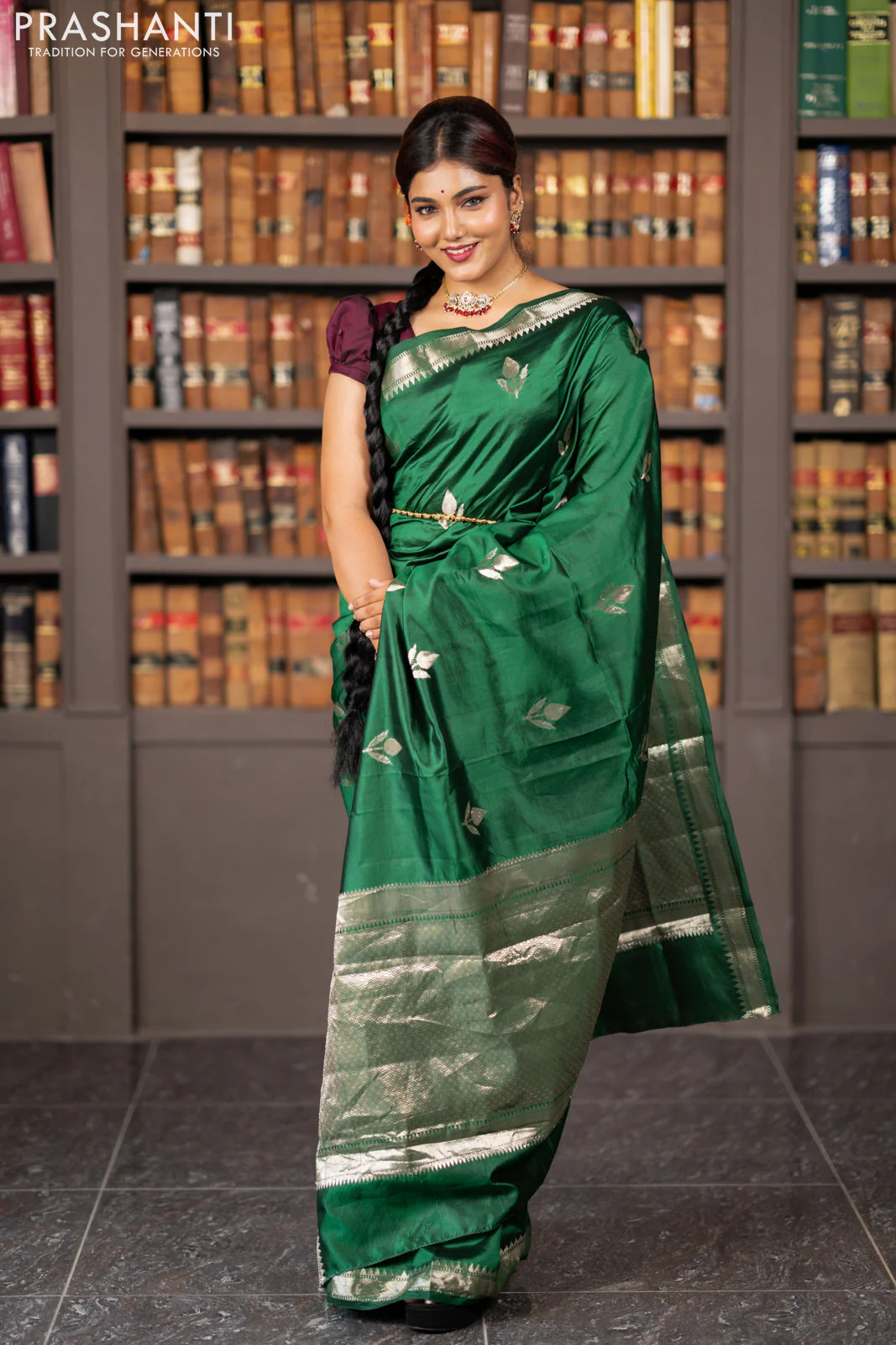 Banarasi poona silk saree green with silver zari woven buttas and silver zari woven border - Image 8
