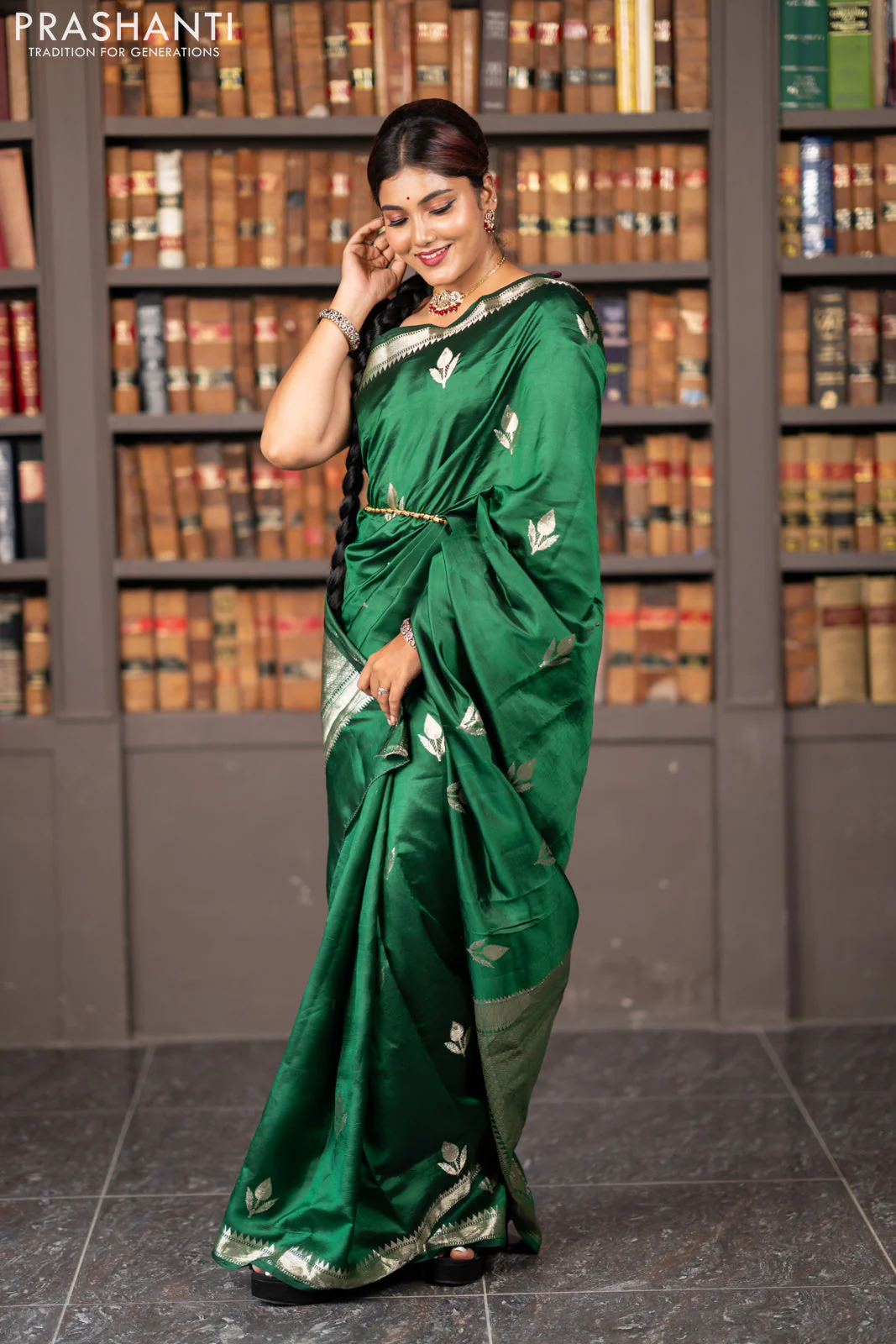 Banarasi poona silk saree green with silver zari woven buttas and silver zari woven border - Image 9