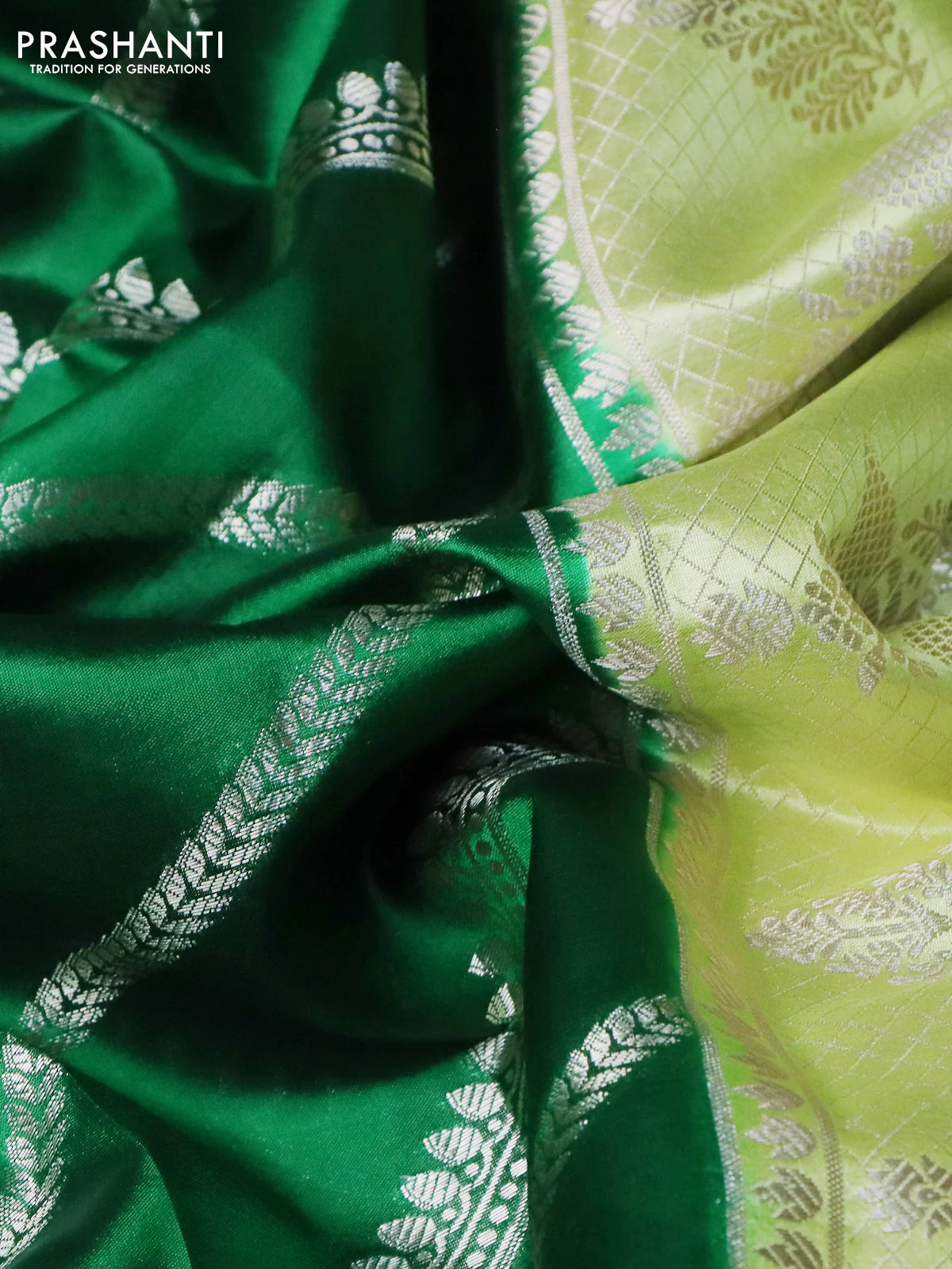 Banarasi poona silk saree green and light green with allover zari weaves and zari woven border - Image 2