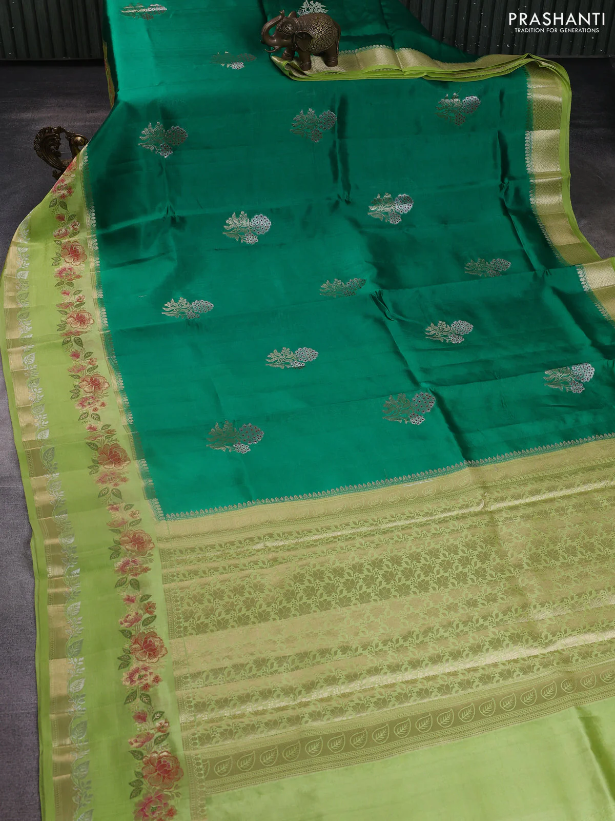 Banarasi poona silk saree green and light green with floral zari woven buttas and long floral zari woven border - Image 2