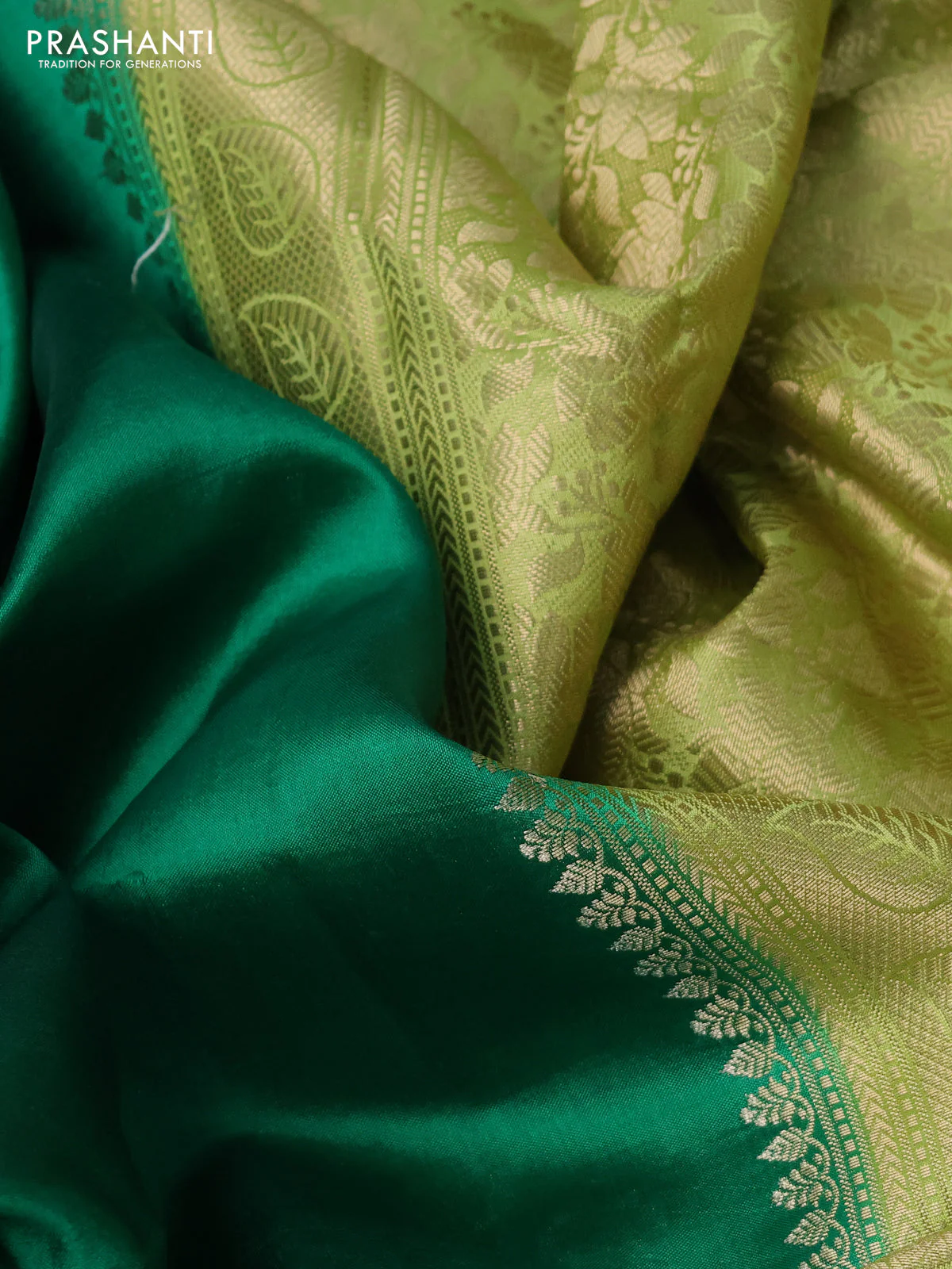 Banarasi poona silk saree green and light green with floral zari woven buttas and long floral zari woven border - Image 3