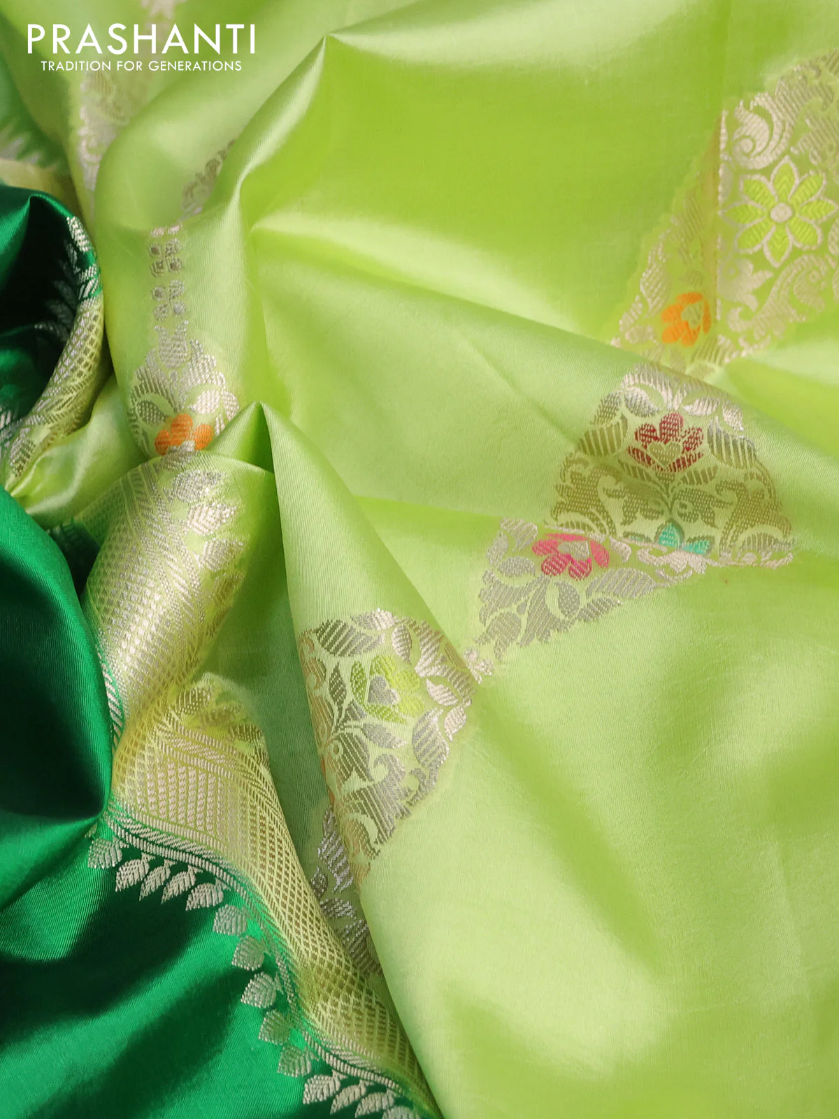 Banarasi poona silk saree green and light green with thread & zari woven geometric buttas and zari woven simple border - Image 2