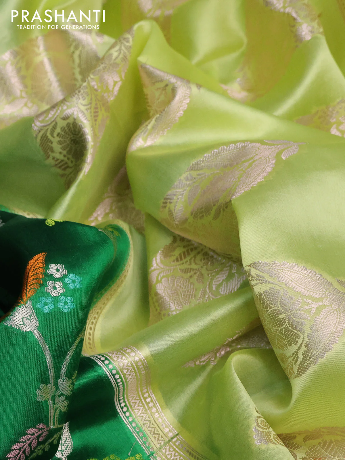 Banarasi poona silk saree green and pista green with allover mina weaves and zari woven border - Image 2