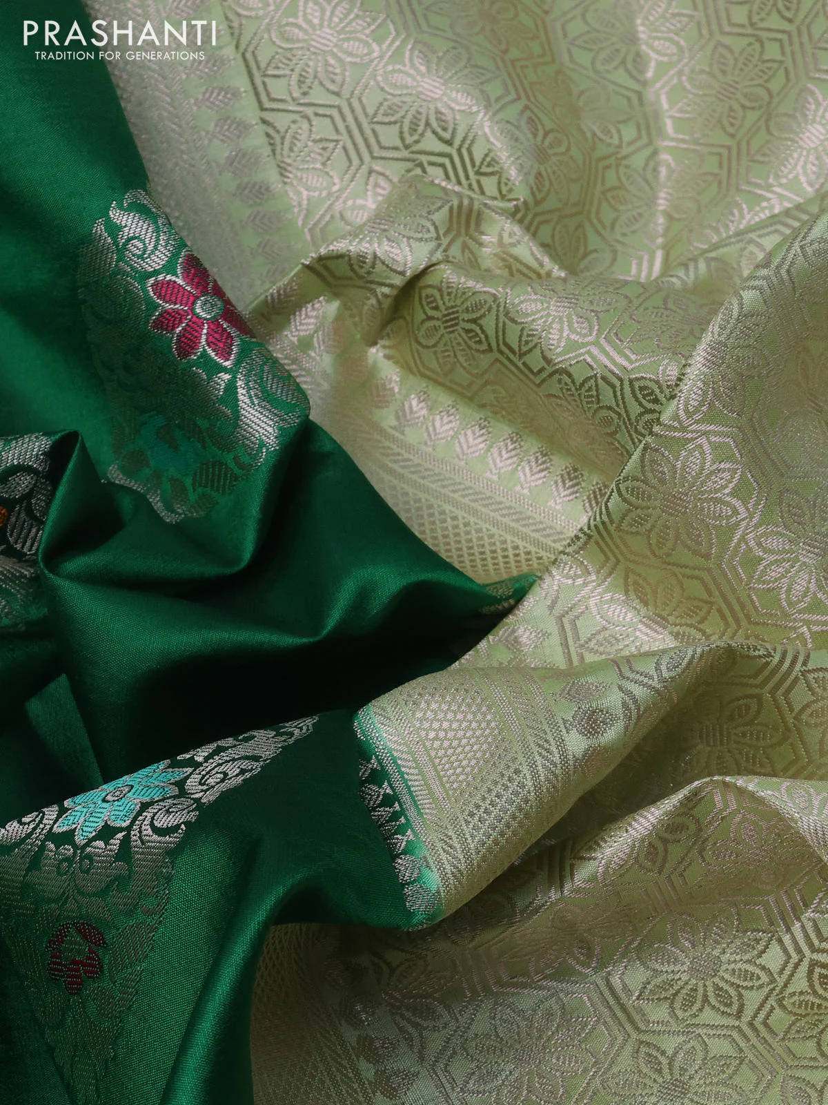 Banarasi poona silk saree green and pista green with allover zari weaves and zari woven border - Image 3