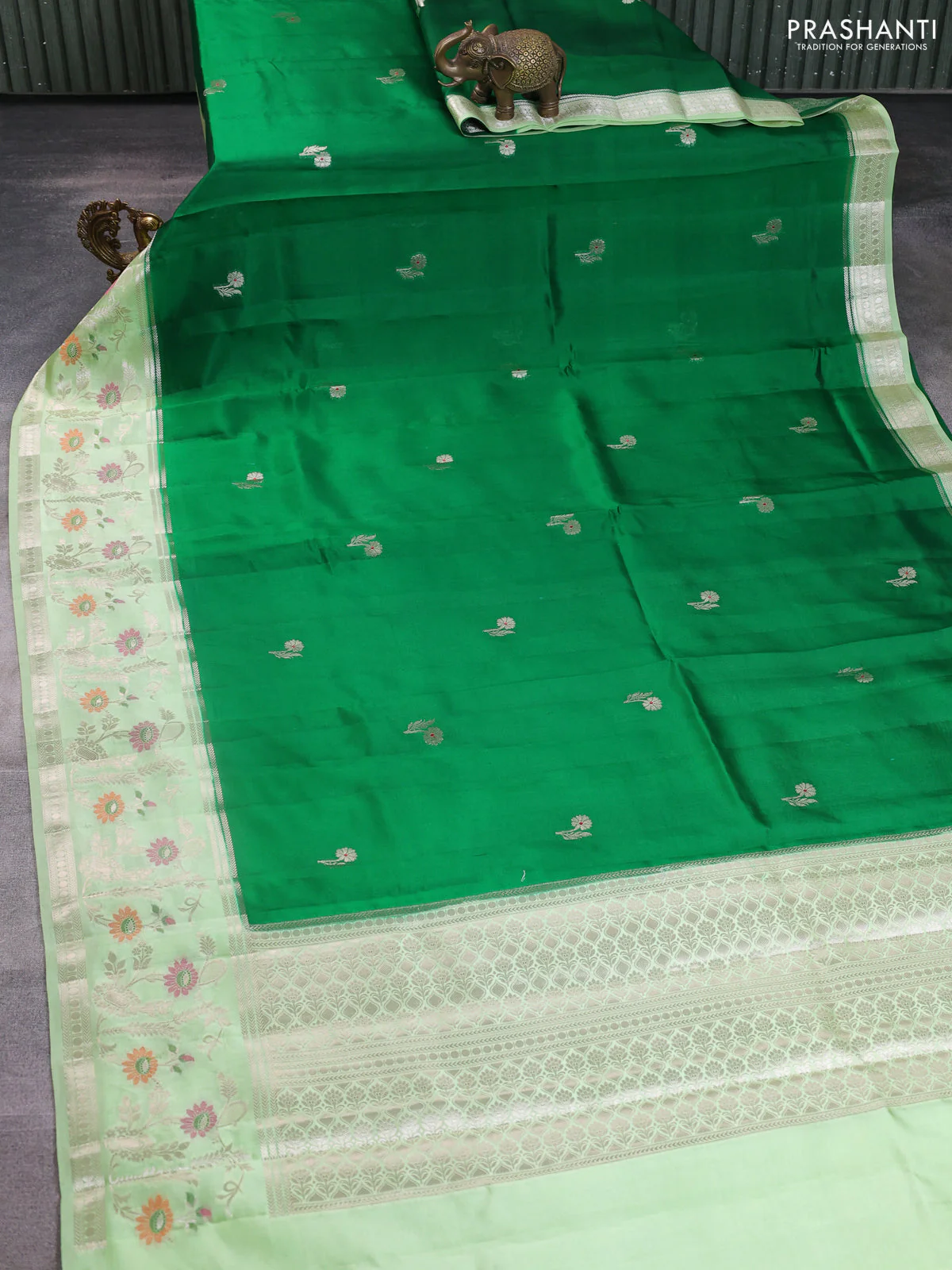 Banarasi poona silk saree green and pista green with floral zari woven buttas and long floral zari woven border - Image 2