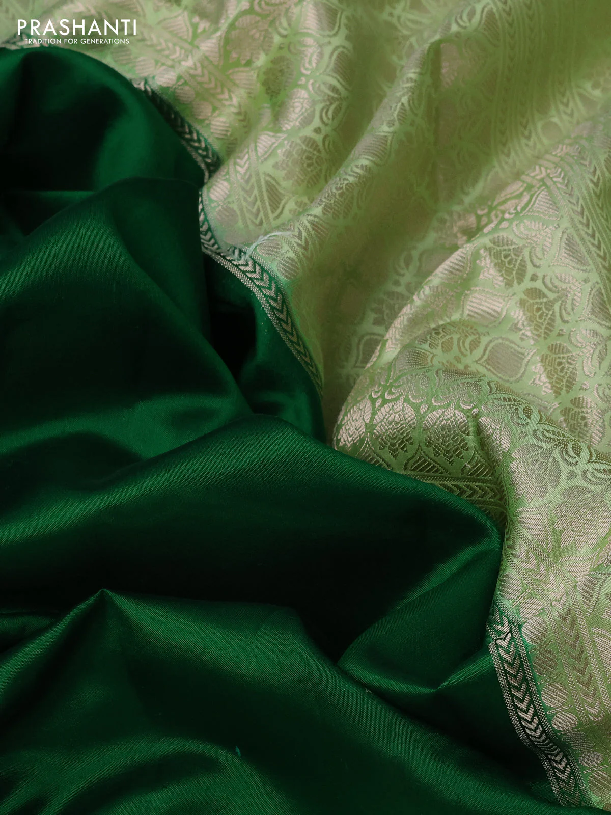 Banarasi poona silk saree green and pista green with floral zari woven buttas and long floral zari woven border - Image 3