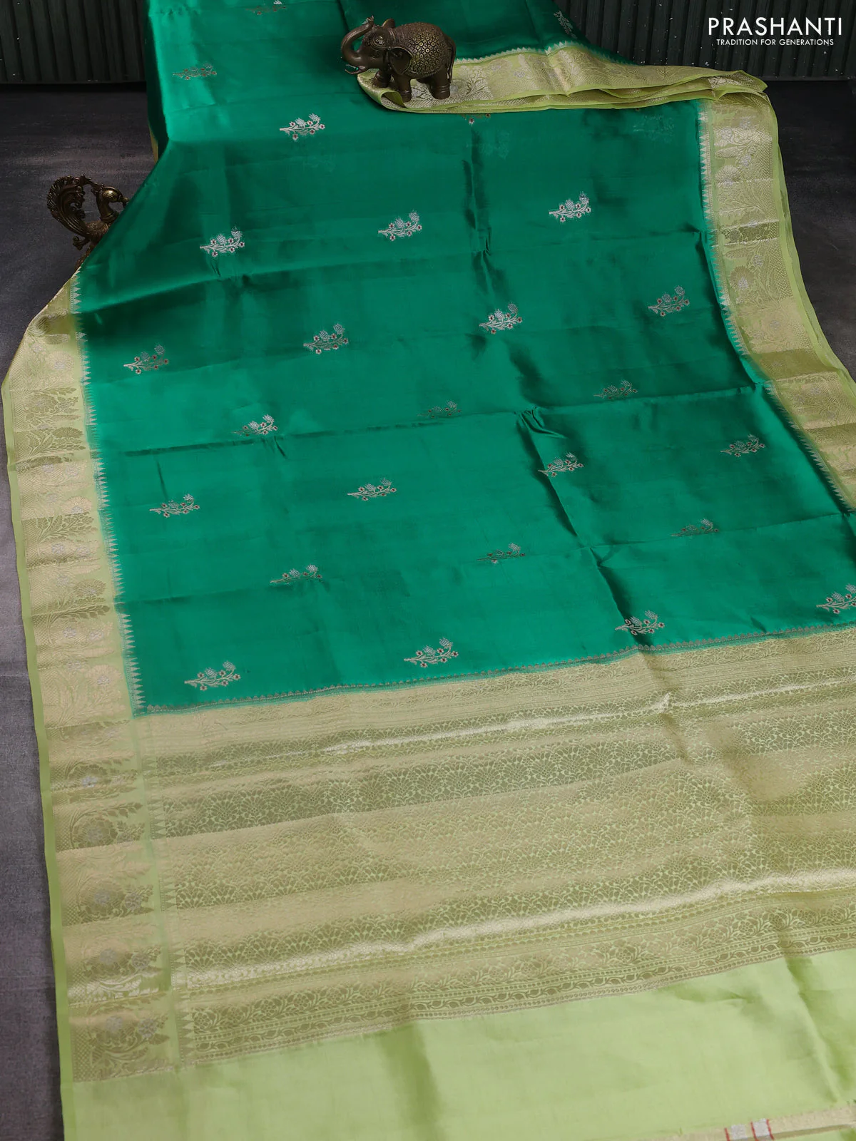 Banarasi poona silk saree green and pista green with zari woven buttas and floral zari woven border - Image 2