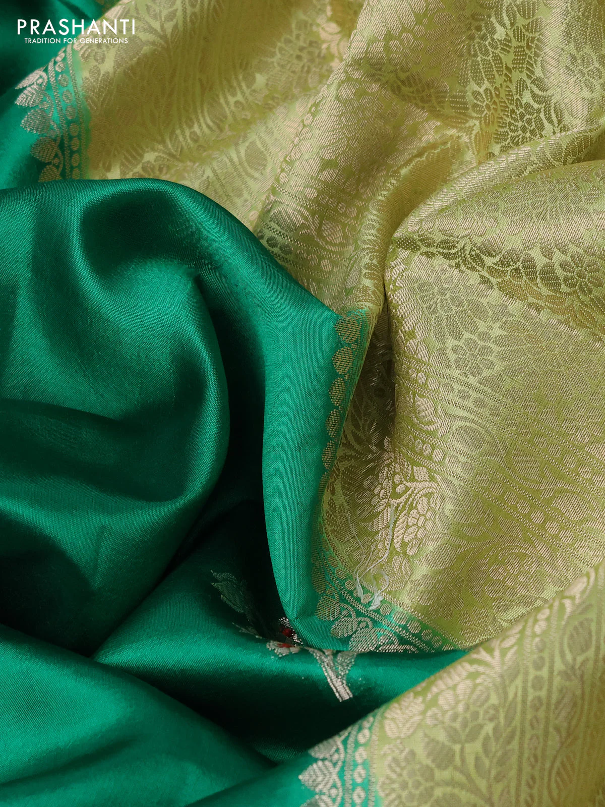 Banarasi poona silk saree green and pista green with zari woven buttas and floral zari woven border - Image 3