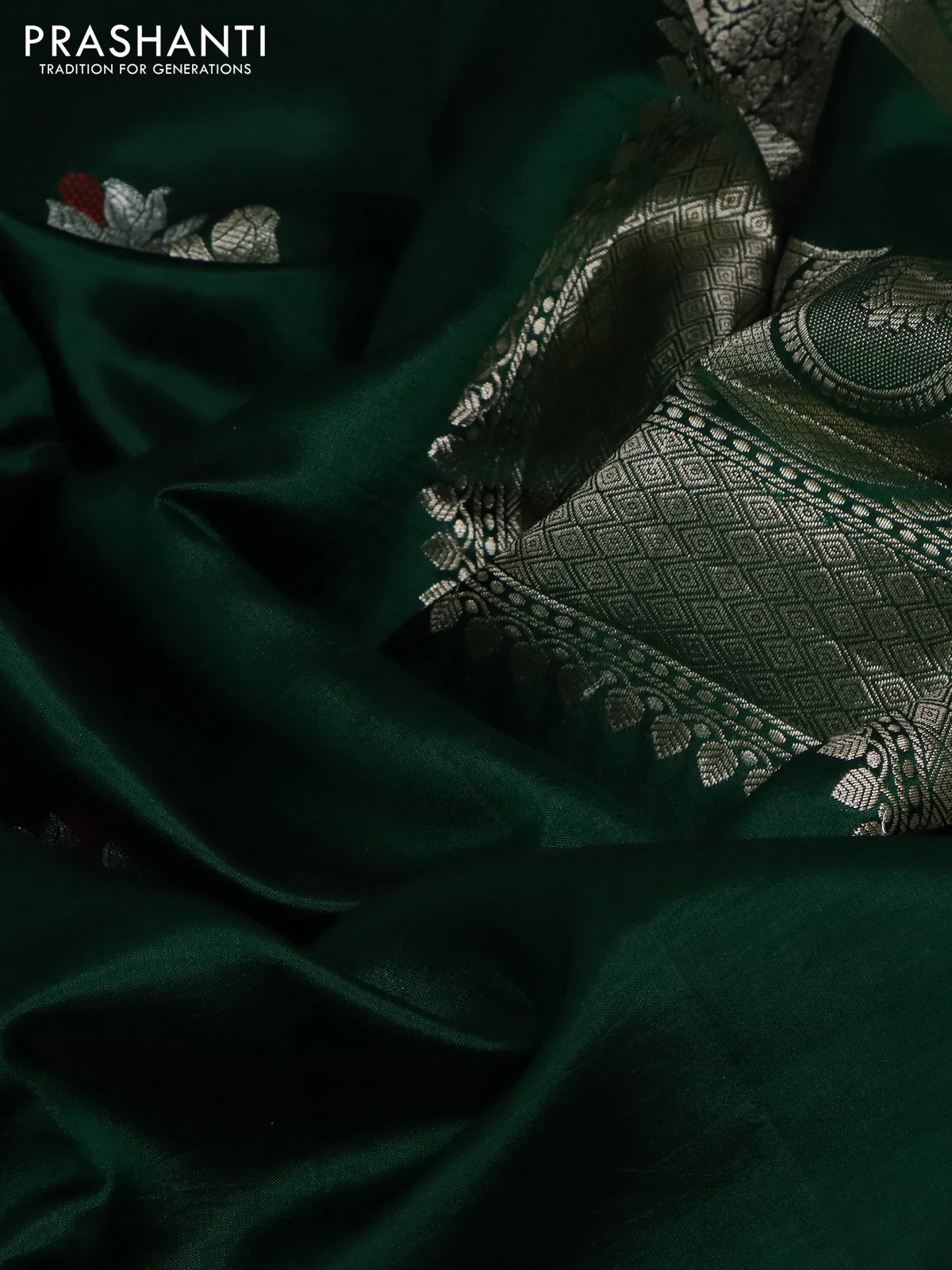 Banarasi poona silk saree green and red with zari woven buttas and zari woven butta border - Image 3