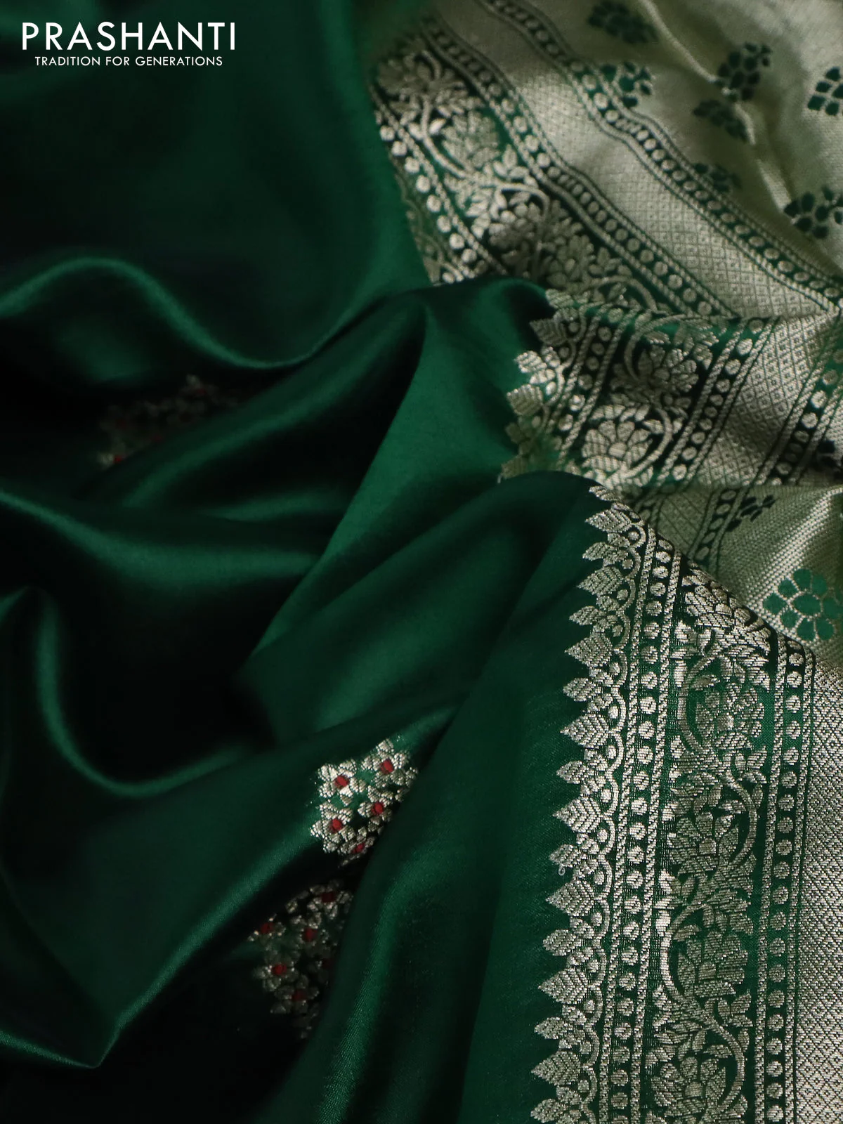 Banarasi poona silk saree green and red with zari woven floral buttas and zari woven butta border - Image 3