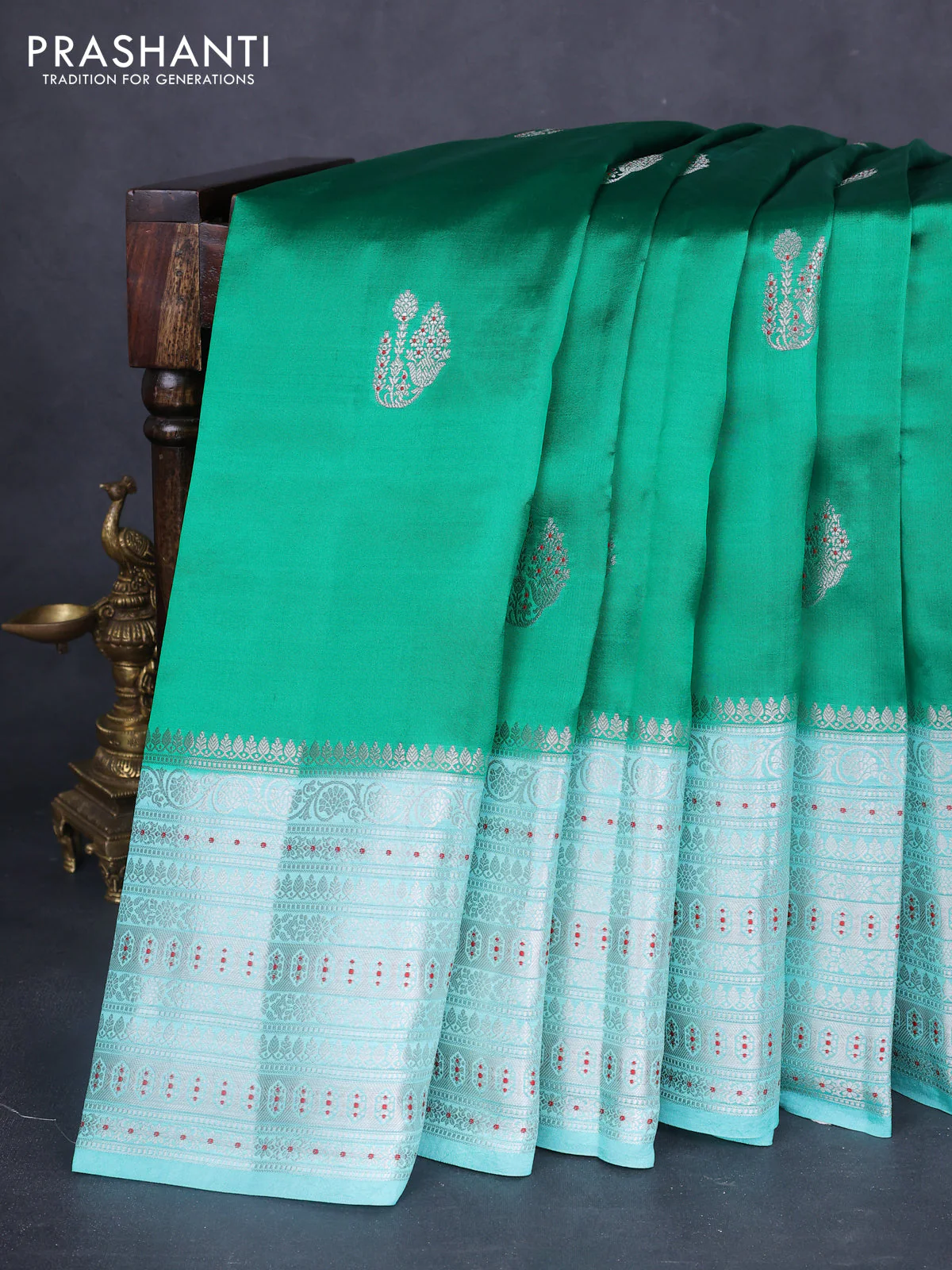 Banarasi poona silk saree green and teal green shade with zari woven buttas and long zari woven border