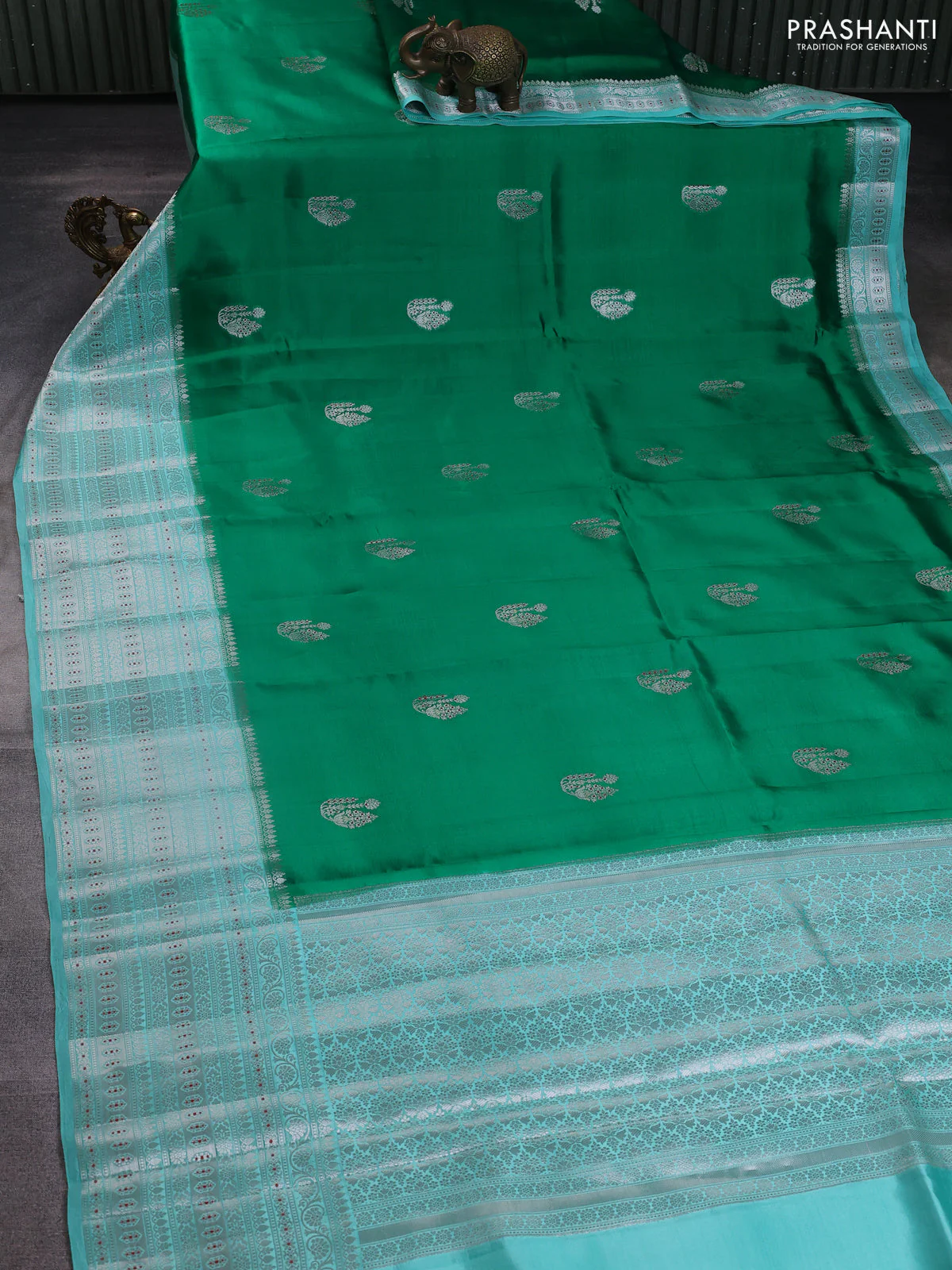 Banarasi poona silk saree green and teal green shade with zari woven buttas and long zari woven border - Image 2