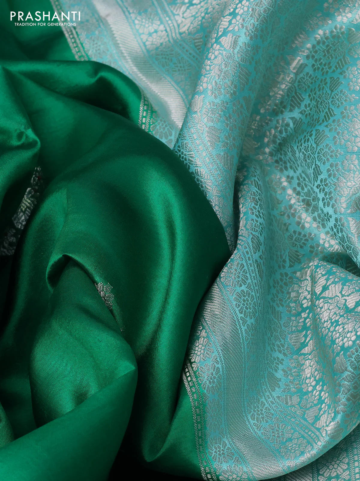 Banarasi poona silk saree green and teal green shade with zari woven buttas and long zari woven border - Image 3