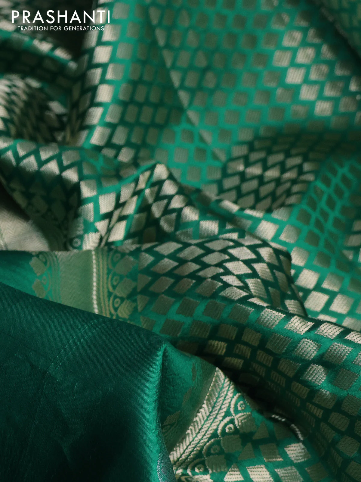 Banarasi poona silk saree green and violet with zari woven floral buttas and zari woven border - Image 2