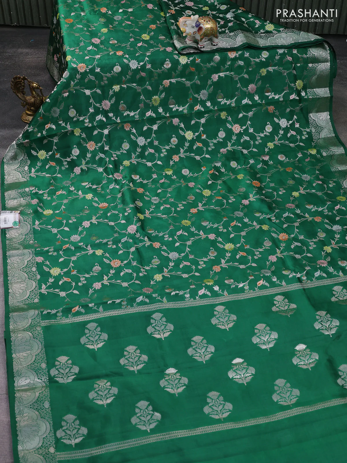 Banarasi poona silk saree green with allover silver zari weaves and silver zari woven border - Image 2