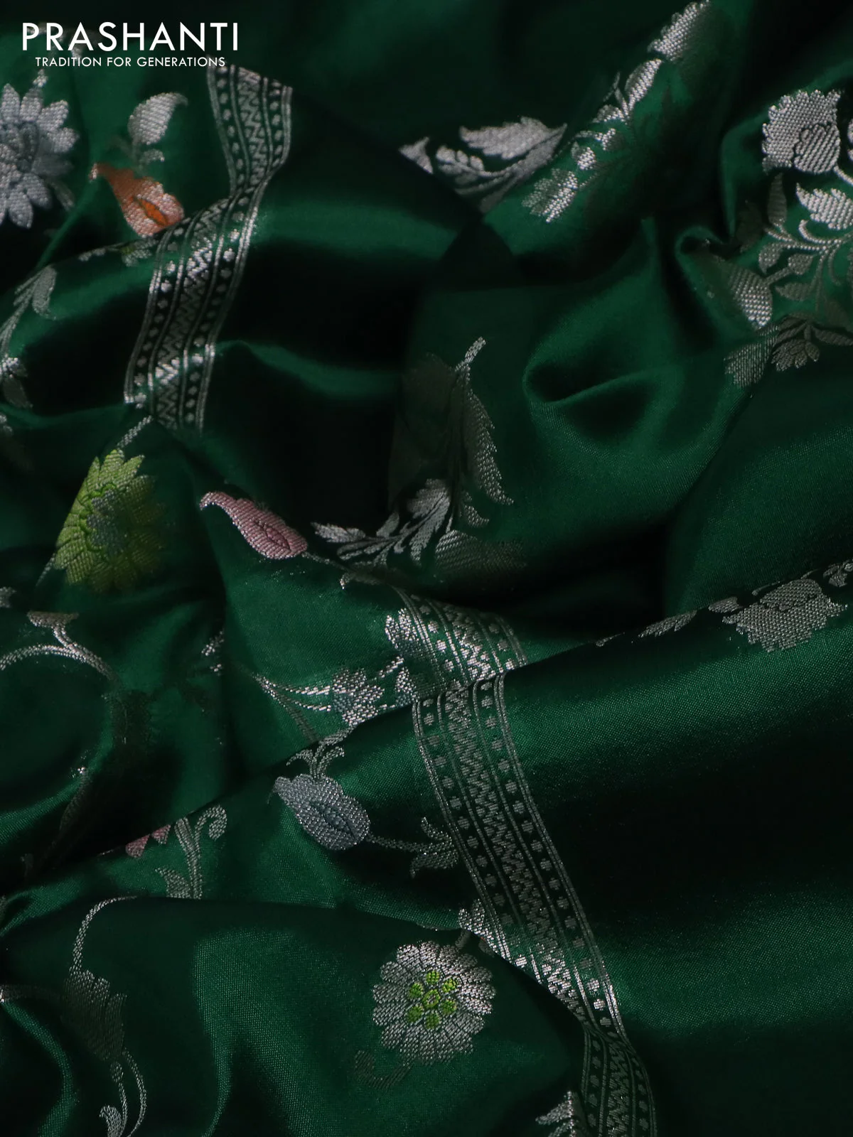 Banarasi poona silk saree green with allover silver zari weaves and silver zari woven border - Image 3