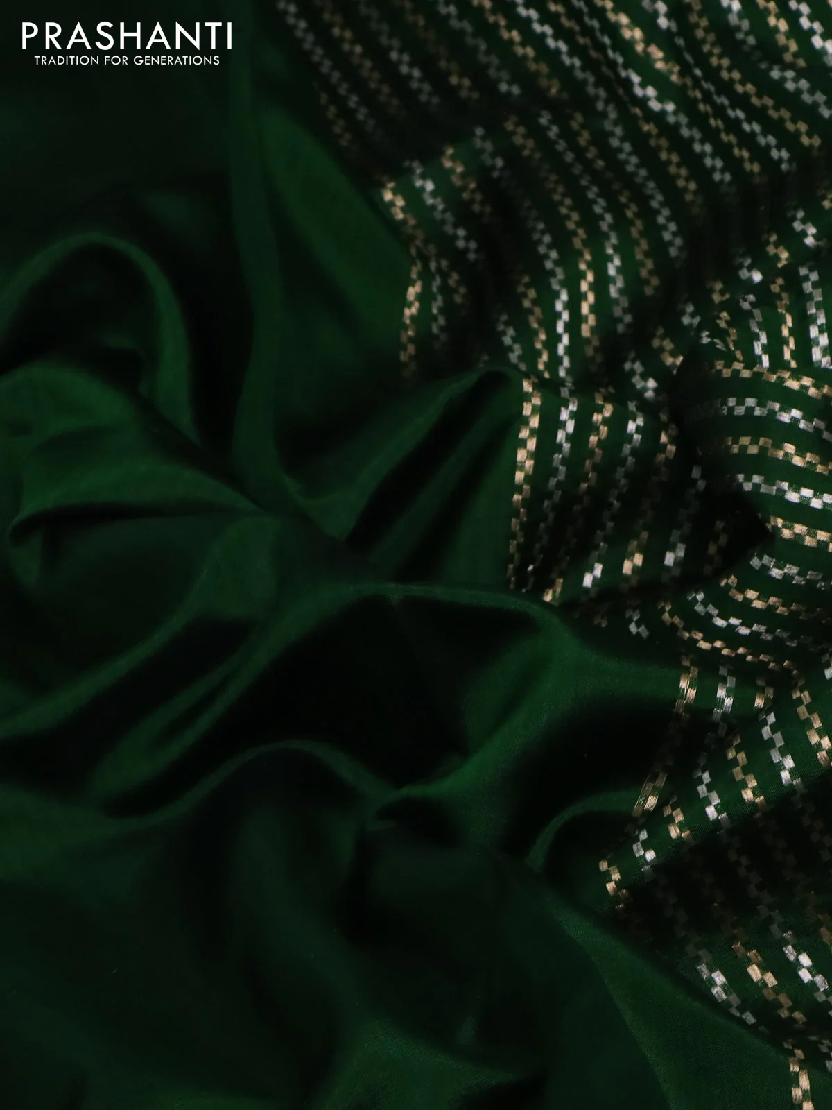 Banarasi poona silk saree green with plain body and zari woven border - Image 3