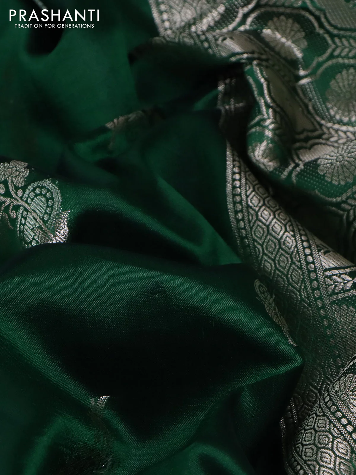 Banarasi poona silk saree green with zari woven buttas and zari woven border - Image 3