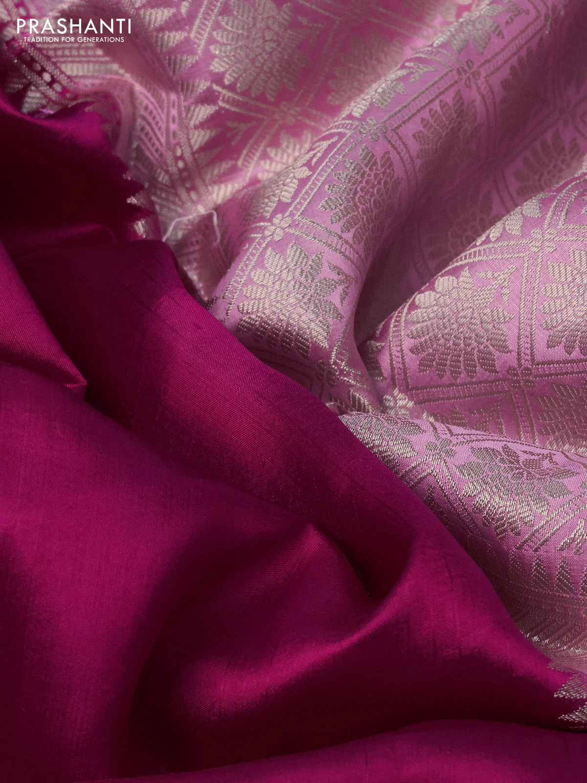 Banarasi poona silk saree magenta pink and light pink with zari woven buttas and thread & zari woven border - Image 3