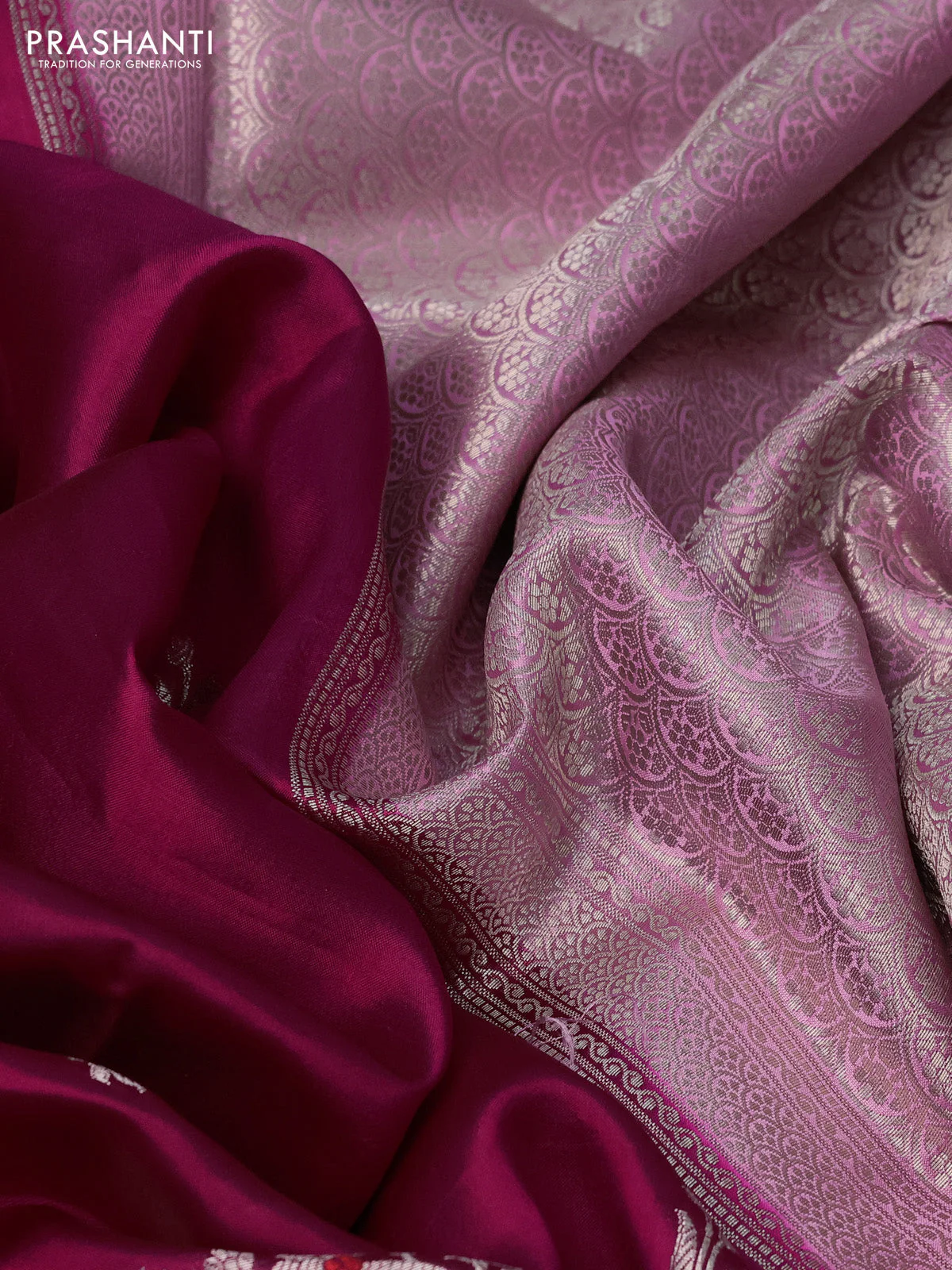 Banarasi poona silk saree magenta pink and light pink with zari woven buttas and zari woven border - Image 3