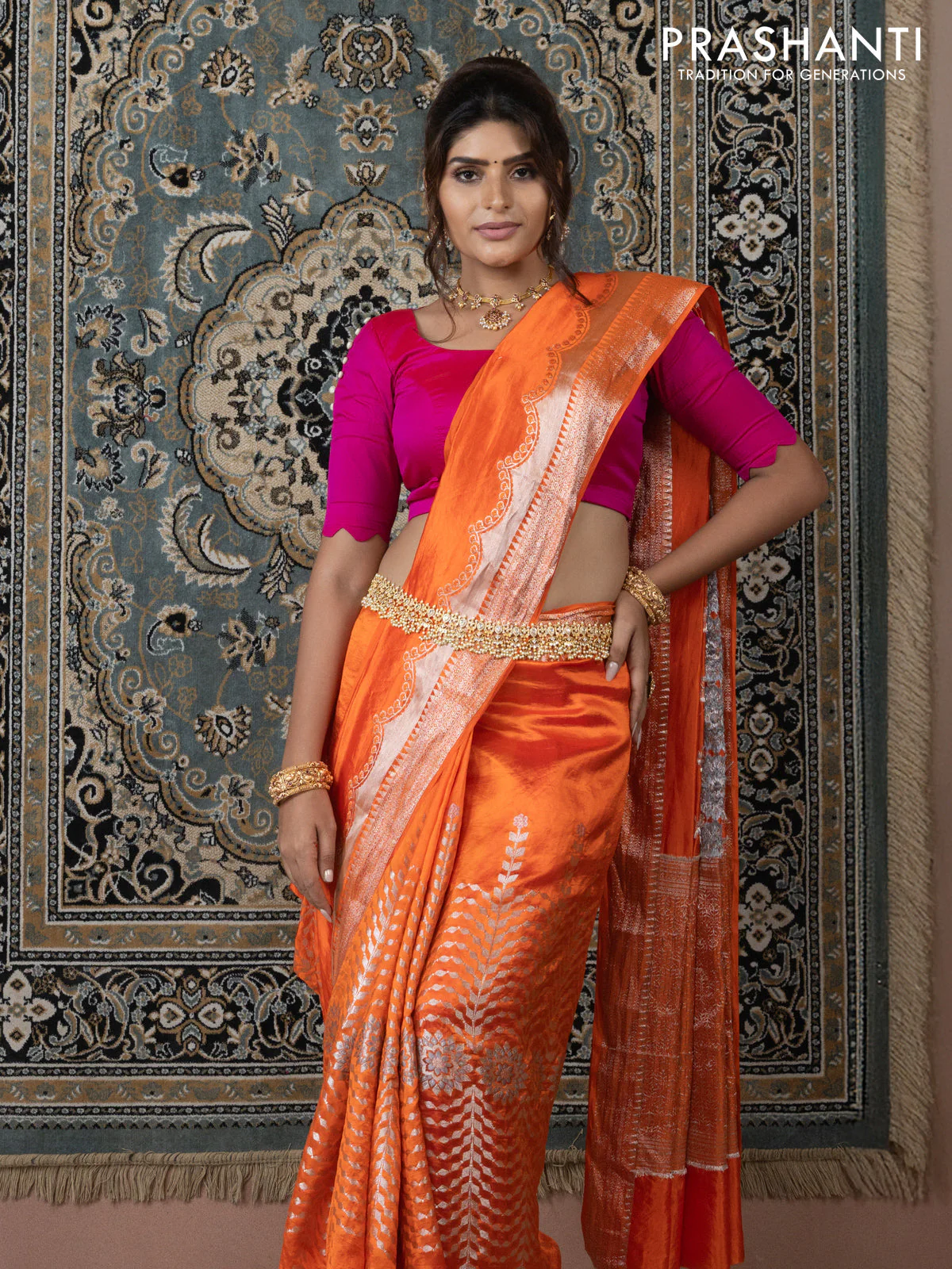 Banarasi poona silk saree orange and pink with allover zari weaves and zari woven border - Image 3