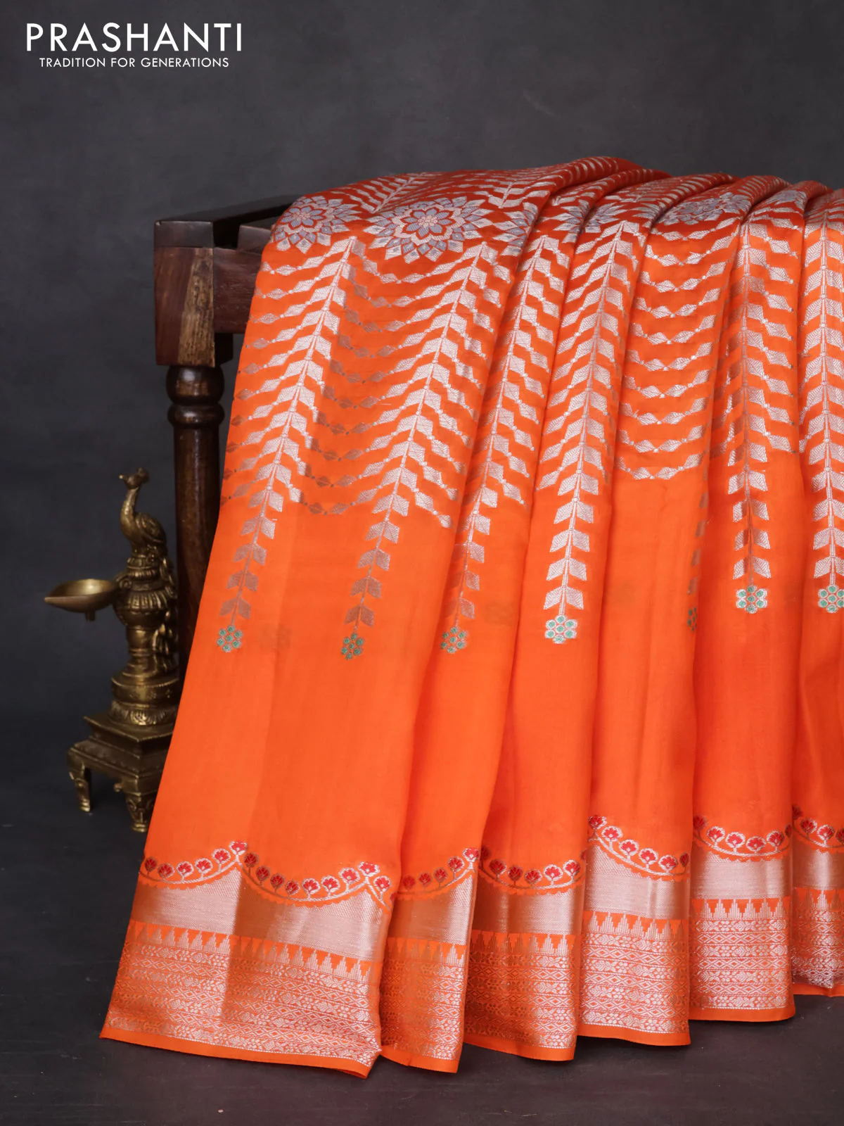 Banarasi poona silk saree orange and pink with allover zari weaves and zari woven border - Image 5