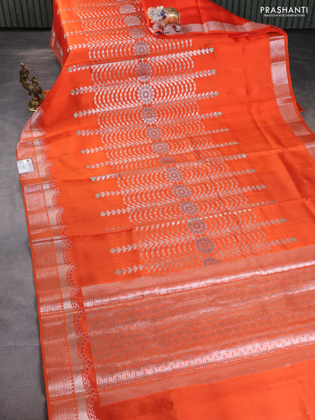 Banarasi poona silk saree orange and pink with allover zari weaves and zari woven border - Image 6