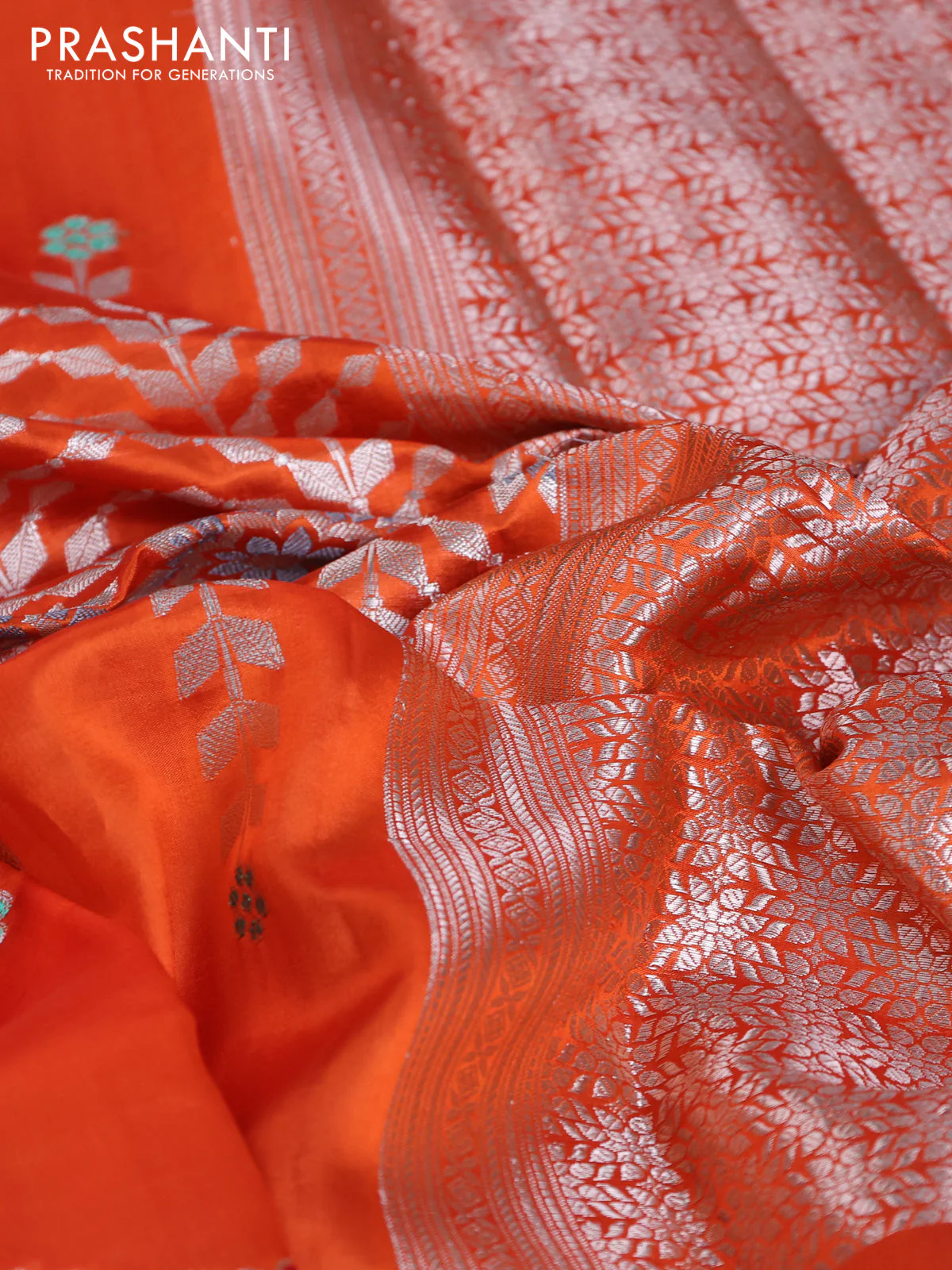 Banarasi poona silk saree orange and pink with allover zari weaves and zari woven border - Image 7