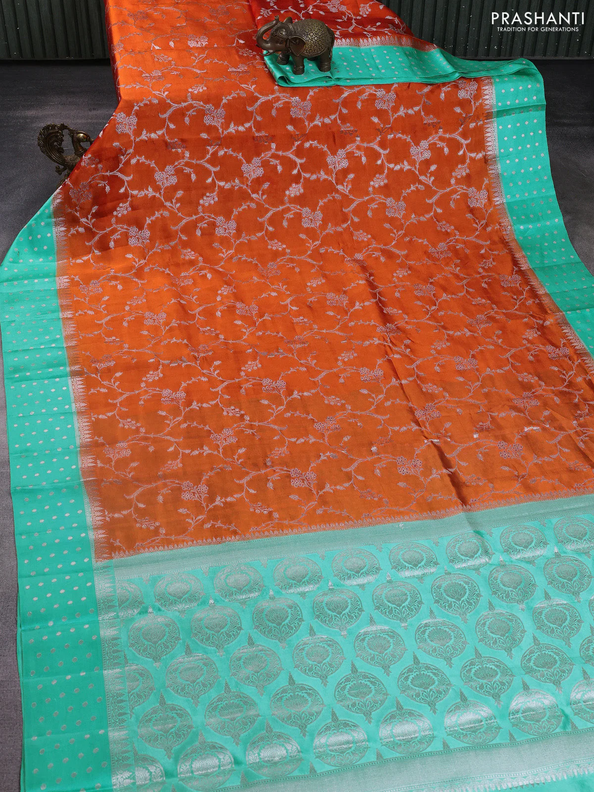 Banarasi poona silk saree orange and teal green shade with allover silver zari weaves and silver zari woven butta border - Image 2
