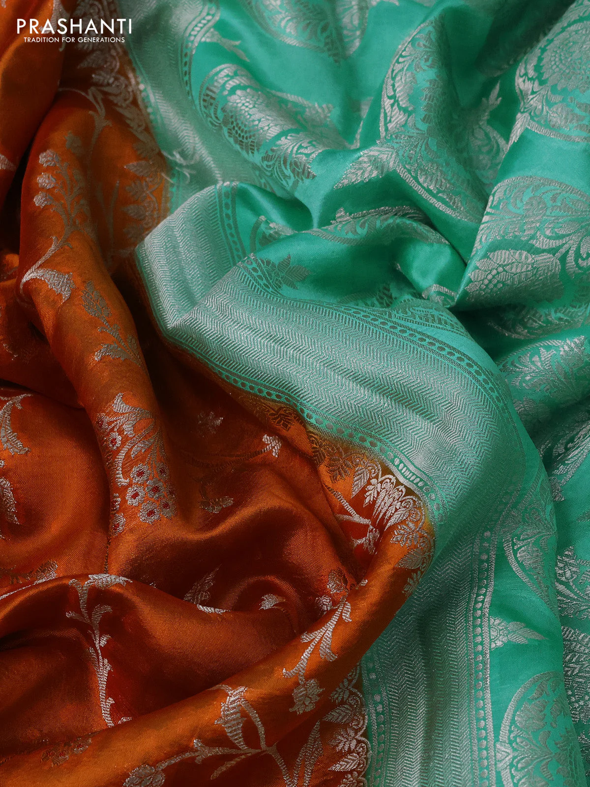 Banarasi poona silk saree orange and teal green shade with allover silver zari weaves and silver zari woven butta border - Image 3