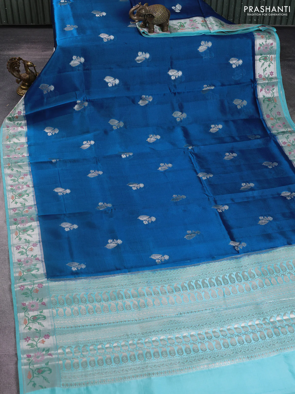 Banarasi poona silk saree peacock blue and teal blue with zari woven buttas and thread & zari woven border - Image 2