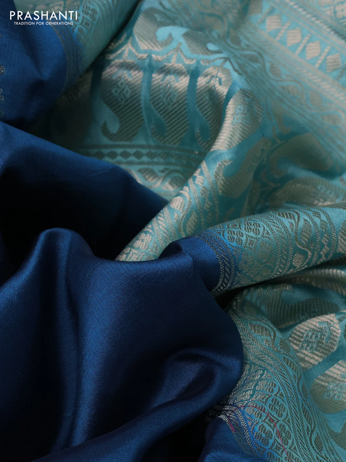 Banarasi poona silk saree peacock blue and teal blue with zari woven buttas and thread & zari woven border - Image 3