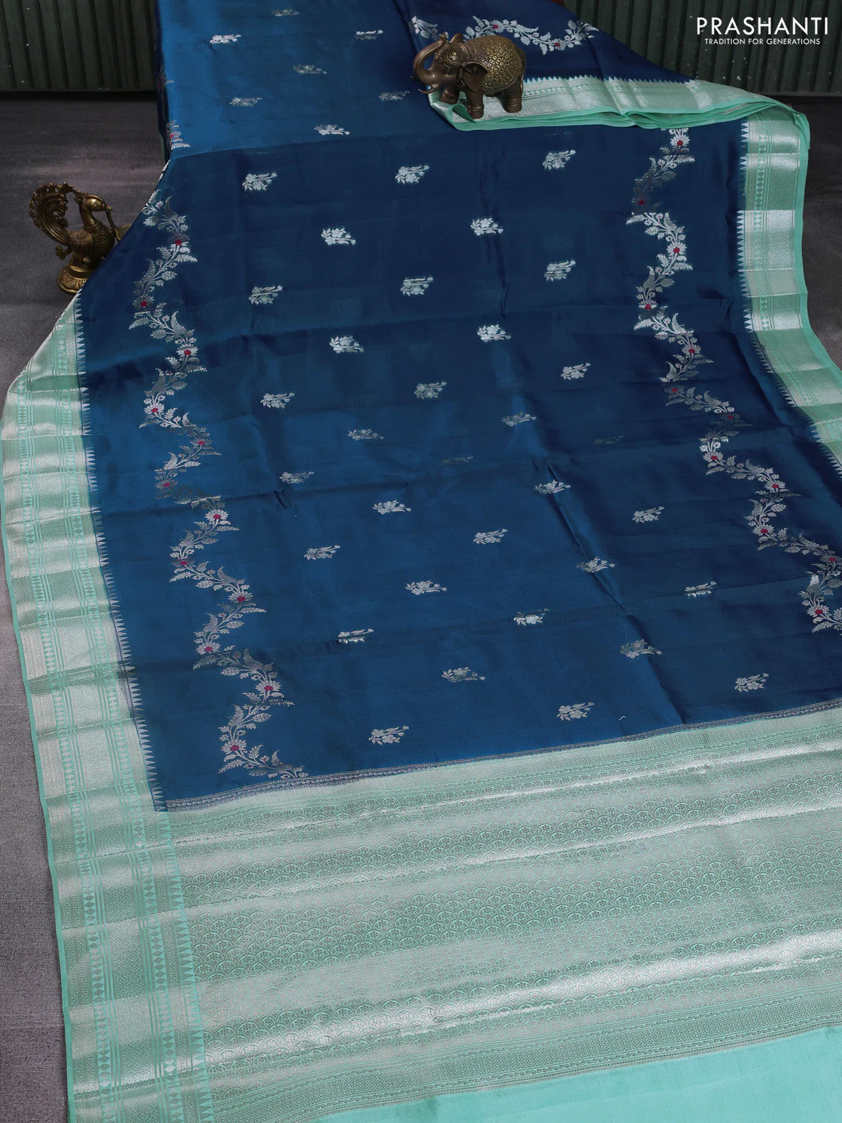 Banarasi poona silk saree peacock blue and teal blue with zari woven buttas and zari woven border - Image 2
