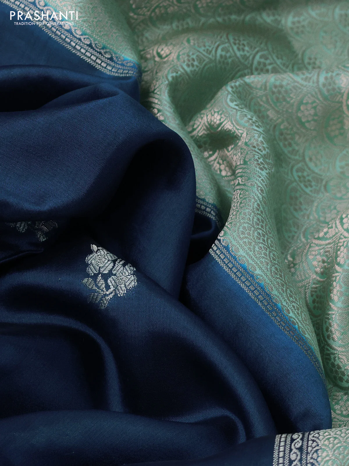 Banarasi poona silk saree peacock blue and teal blue with zari woven buttas and zari woven border - Image 3