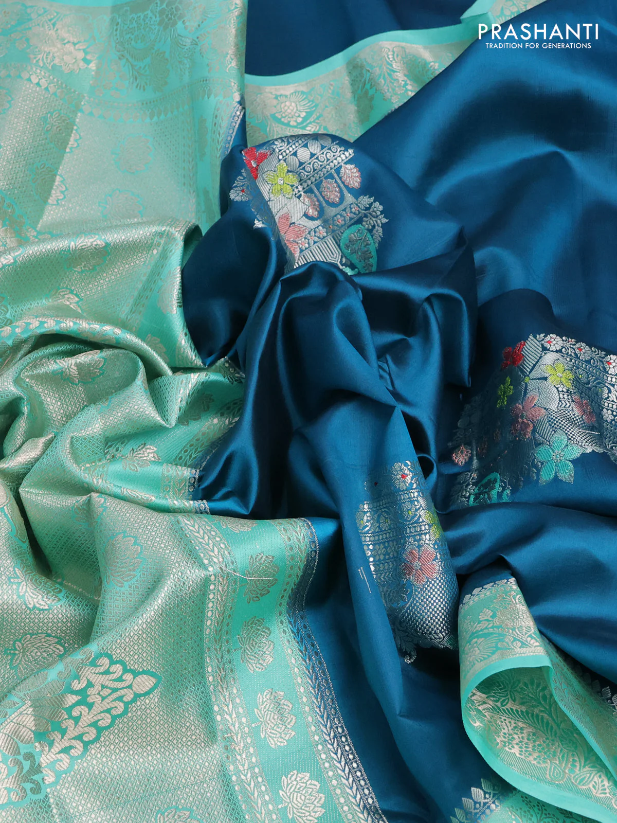 Banarasi poona silk saree peacock green and teal green with thread & zari woven buttas and zari woven border - Image 3