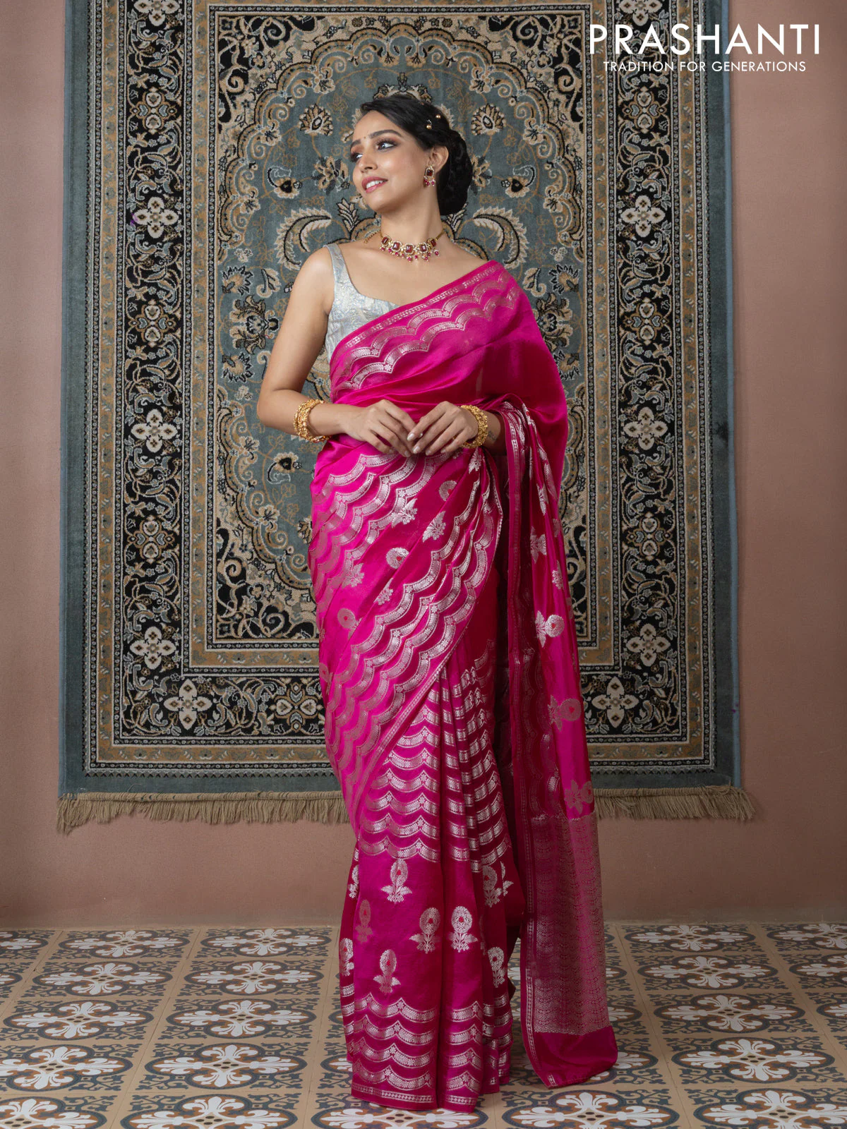 Banarasi poona silk saree pink and orange with zari weaves and zari woven border - Image 3