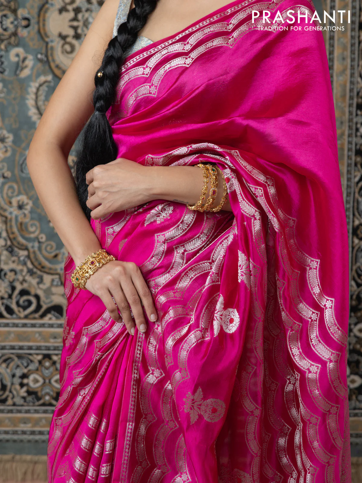 Banarasi poona silk saree pink and orange with zari weaves and zari woven border - Image 5