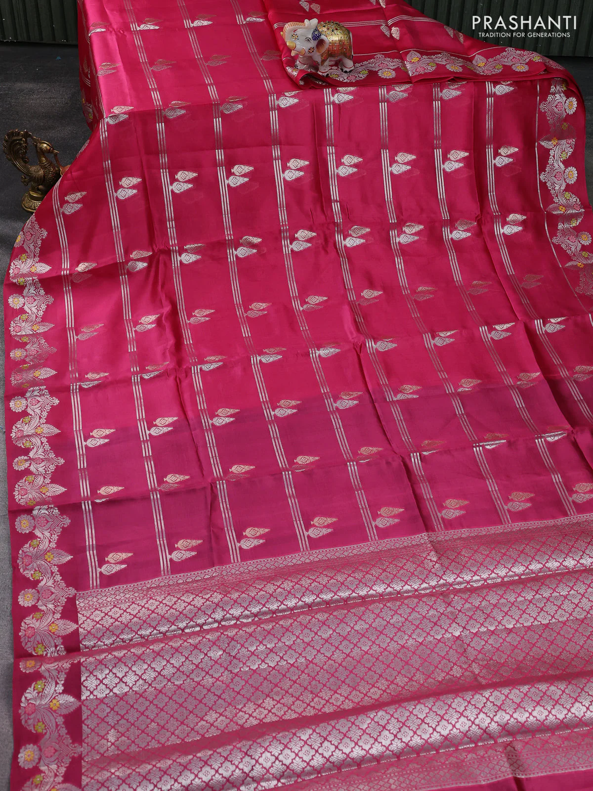 Banarasi poona silk saree pink and peacock blue with silver & gold zari woven buttas and silver zari woven border - Image 2