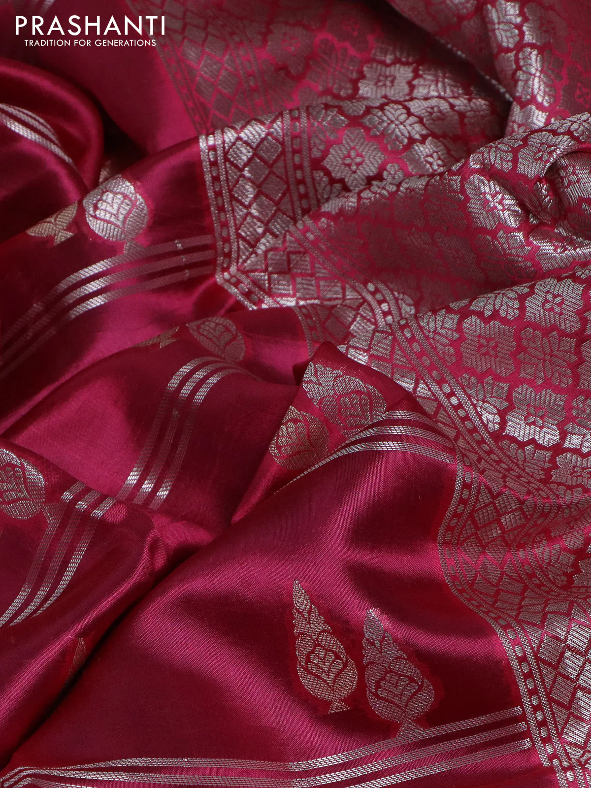 Banarasi poona silk saree pink and peacock blue with silver & gold zari woven buttas and silver zari woven border - Image 3