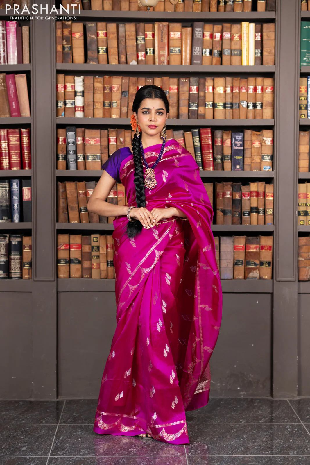 Banarasi poona silk saree pink and violet with zari woven buttas and zari woven border - Image 2