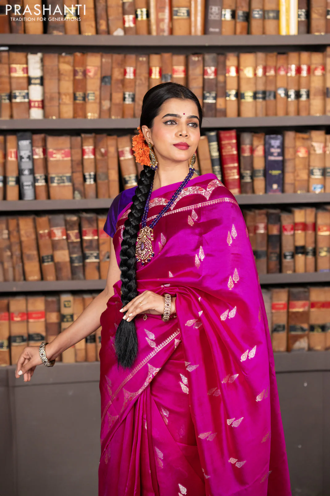 Banarasi poona silk saree pink and violet with zari woven buttas and zari woven border - Image 3